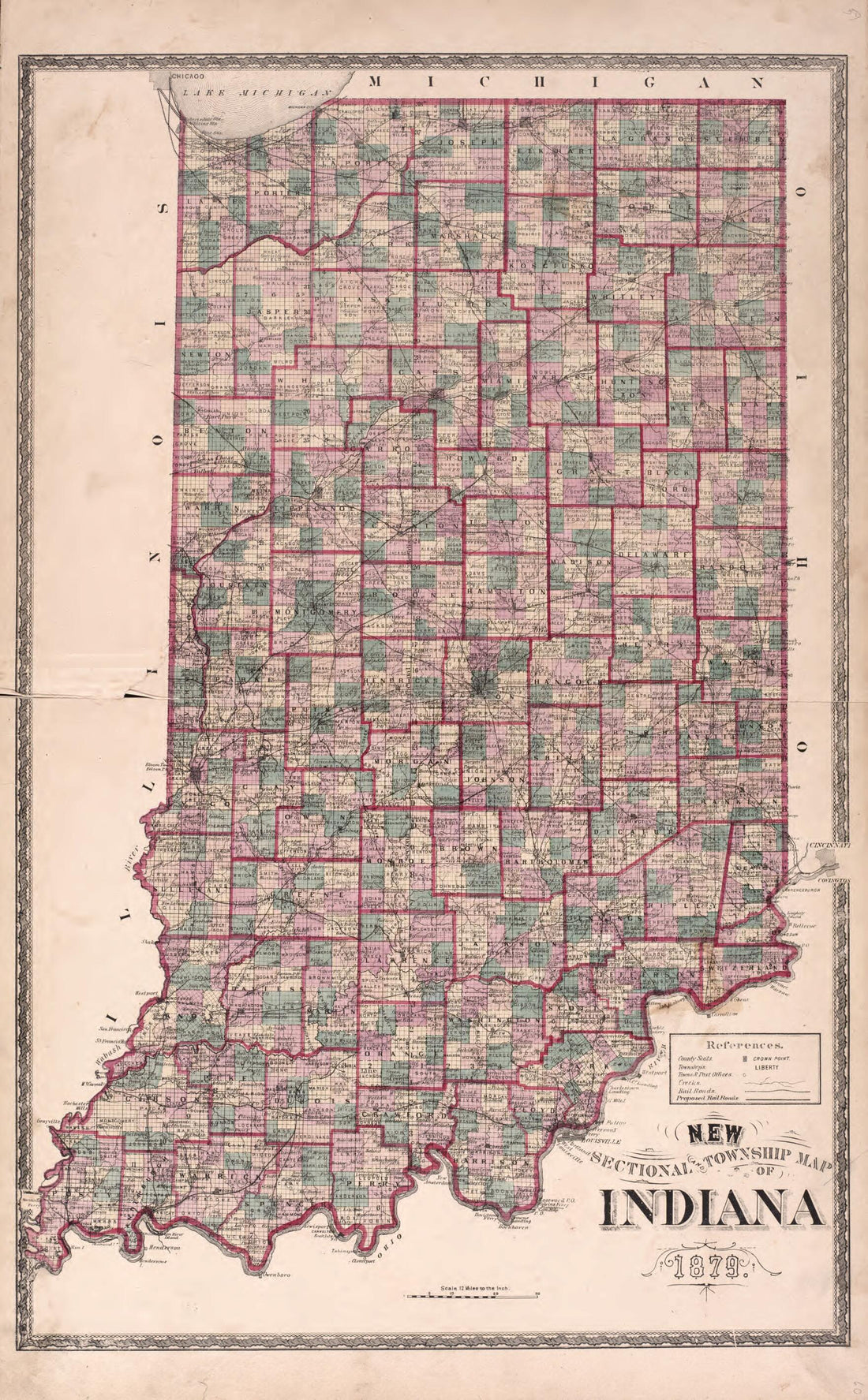 This old map of New Sectional Township Map of Indiana 1879 from Illustrated Historical Atlas of Steuben County, Indiana from 1880 was created by J.H. Beers & Co in 1880