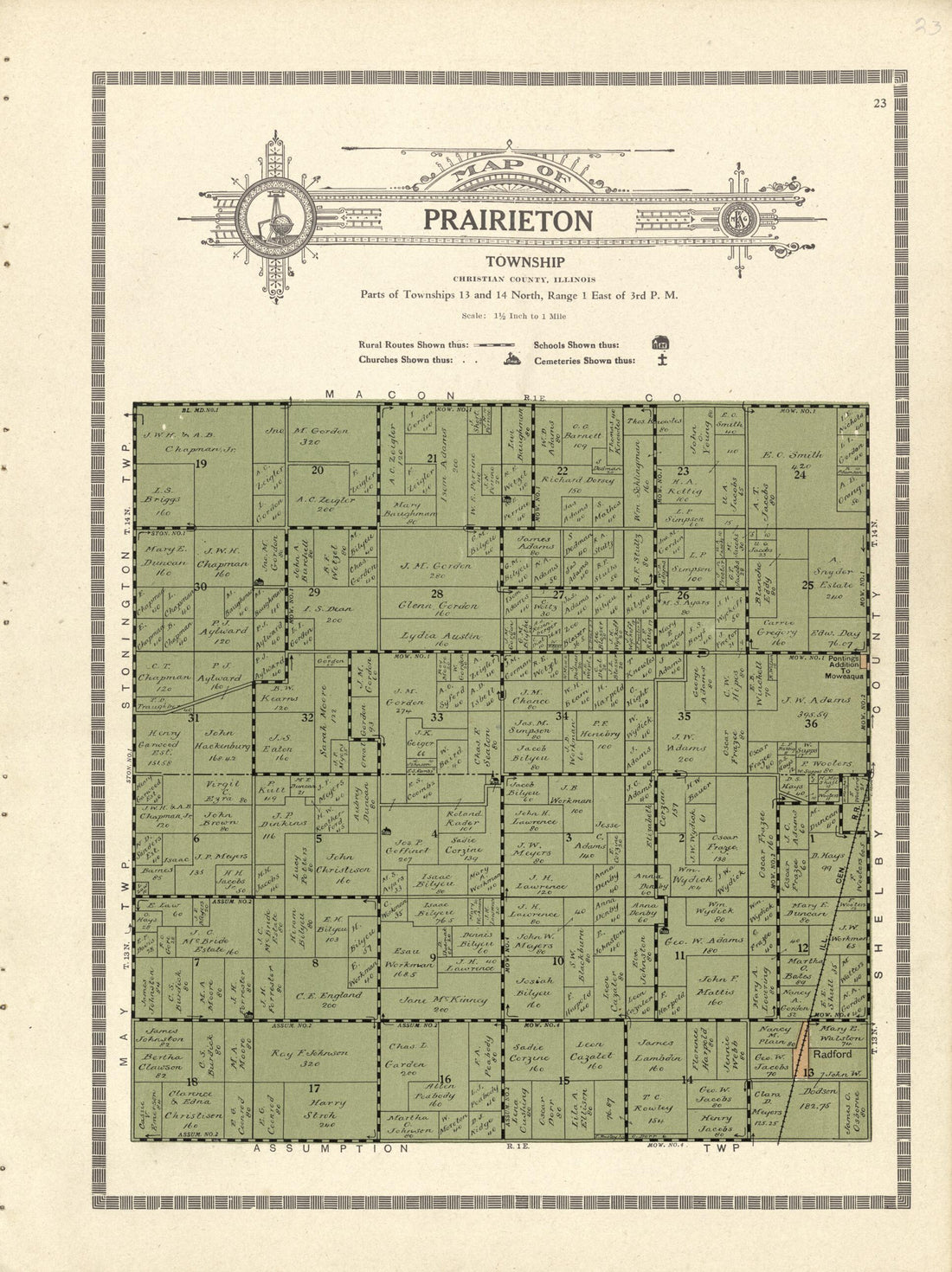 This old map of Map of Prairieton Township from Plat Book and Complete Survey of Christian County, Illinois from 1924 was created by Iowa) Kenyon Company (Des Moines in 1924