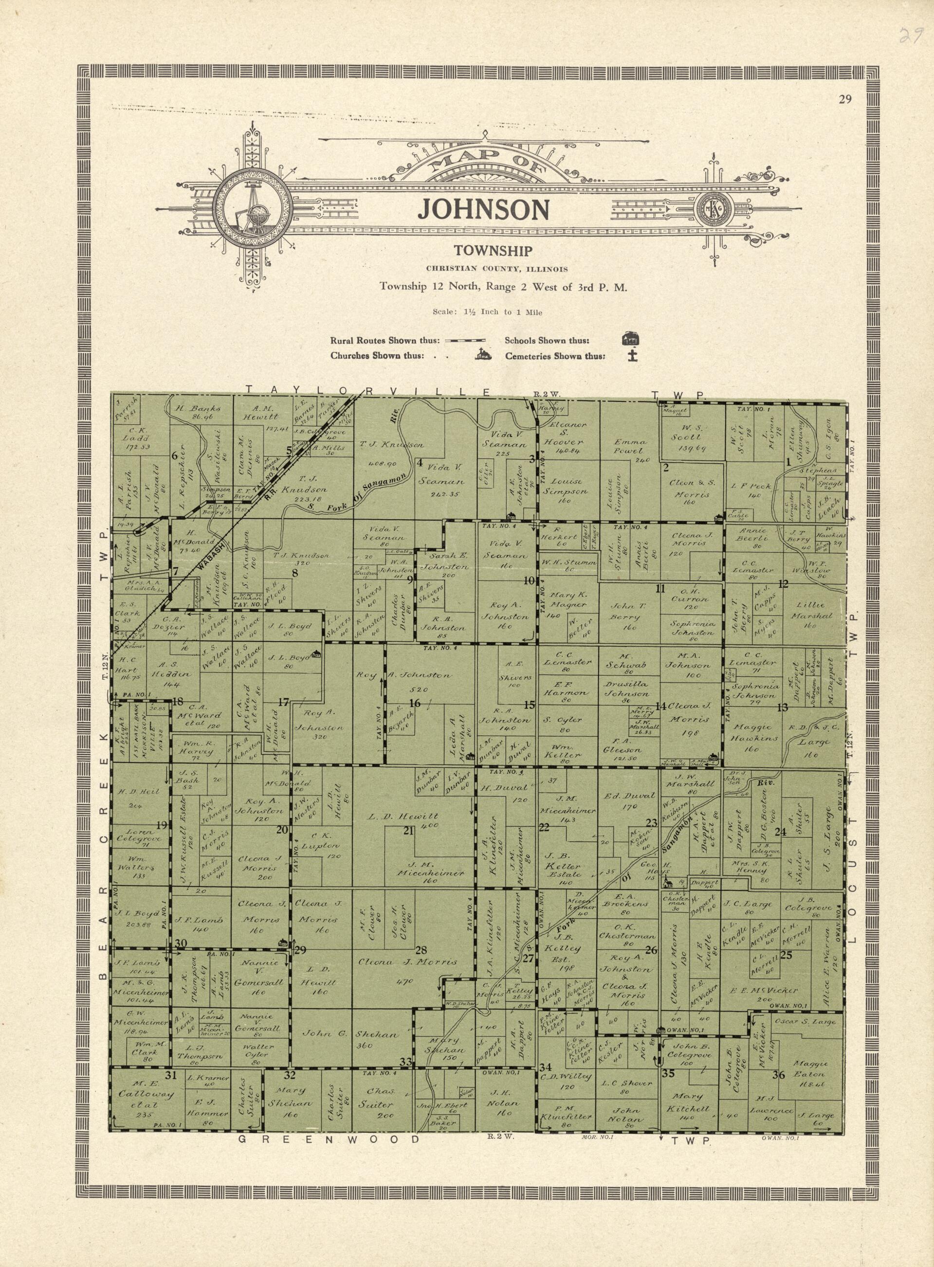 This old map of Map of Johnson Township from Plat Book and Complete Survey of Christian County, Illinois from 1924 was created by Iowa) Kenyon Company (Des Moines in 1924