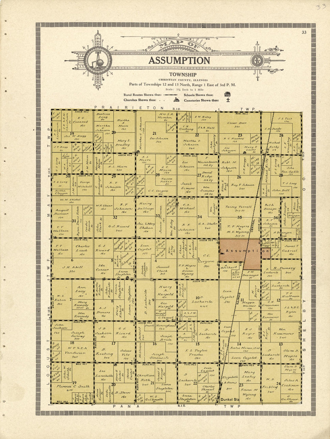 This old map of Map of Assumption Township from Plat Book and Complete Survey of Christian County, Illinois from 1924 was created by Iowa) Kenyon Company (Des Moines in 1924