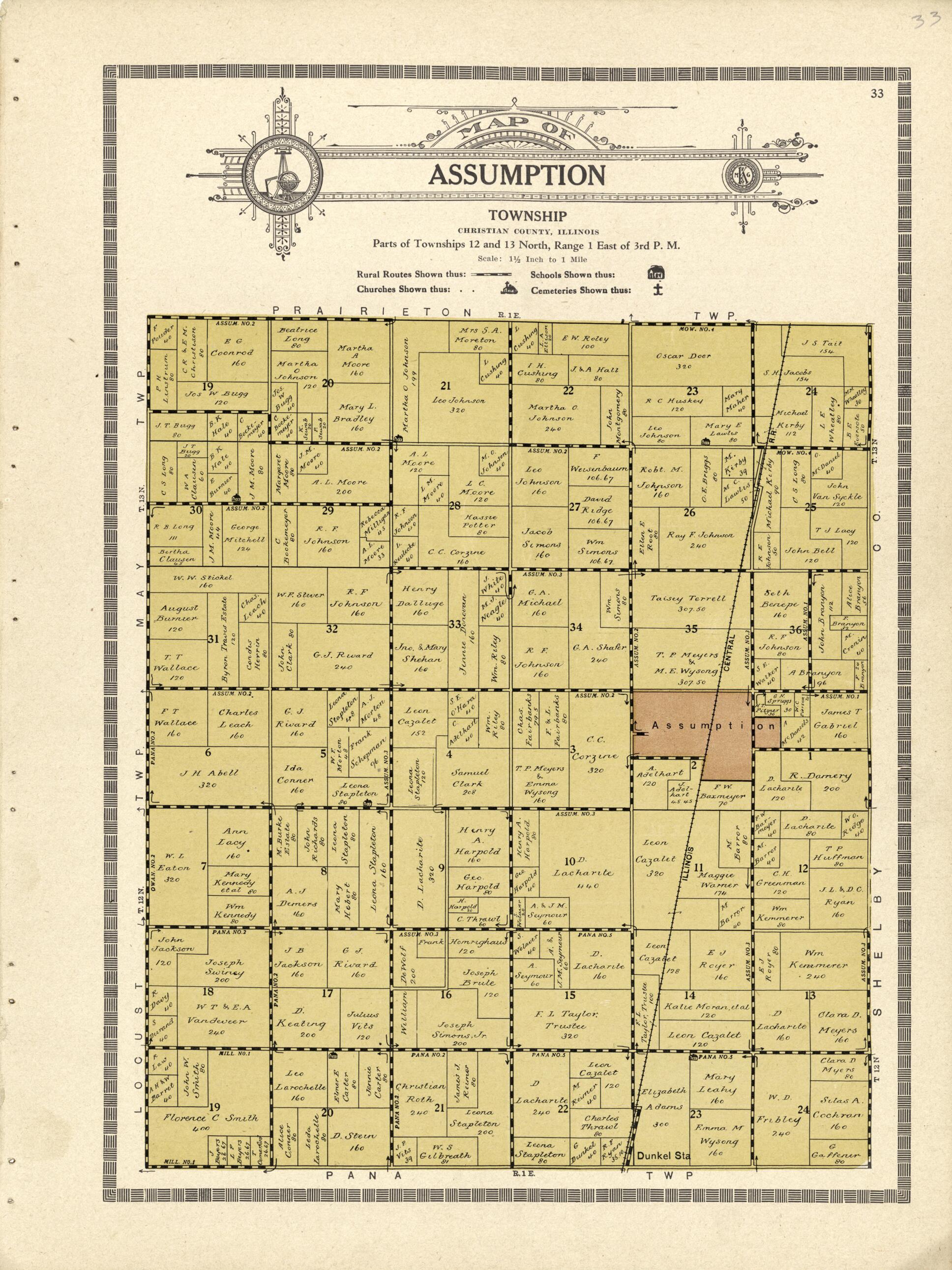 This old map of Map of Assumption Township from Plat Book and Complete Survey of Christian County, Illinois from 1924 was created by Iowa) Kenyon Company (Des Moines in 1924