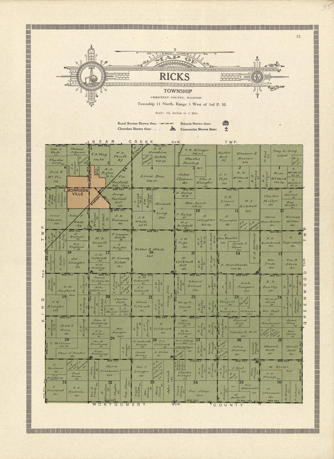 This old map of Map of Ricks Township from Plat Book and Complete Survey of Christian County, Illinois from 1924 was created by Iowa) Kenyon Company (Des Moines in 1924
