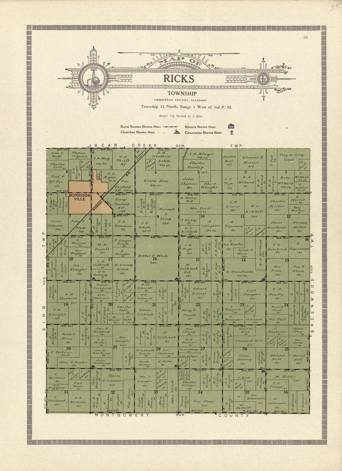 Map of Ricks Township from Plat Book and Complete Survey of Christian County, Illinois 1924 by Relic Map Company