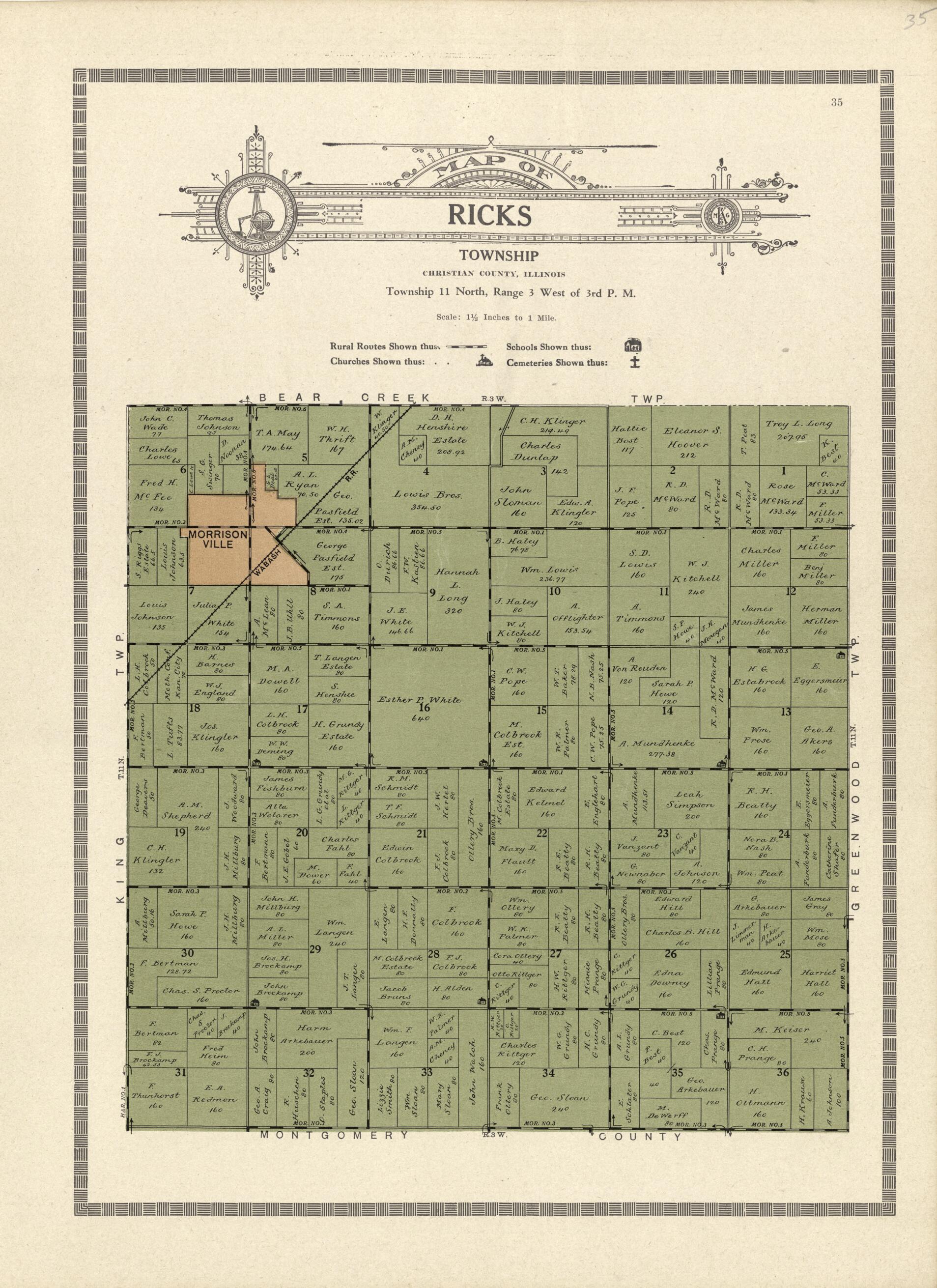 This old map of Map of Ricks Township from Plat Book and Complete Survey of Christian County, Illinois from 1924 was created by Iowa) Kenyon Company (Des Moines in 1924