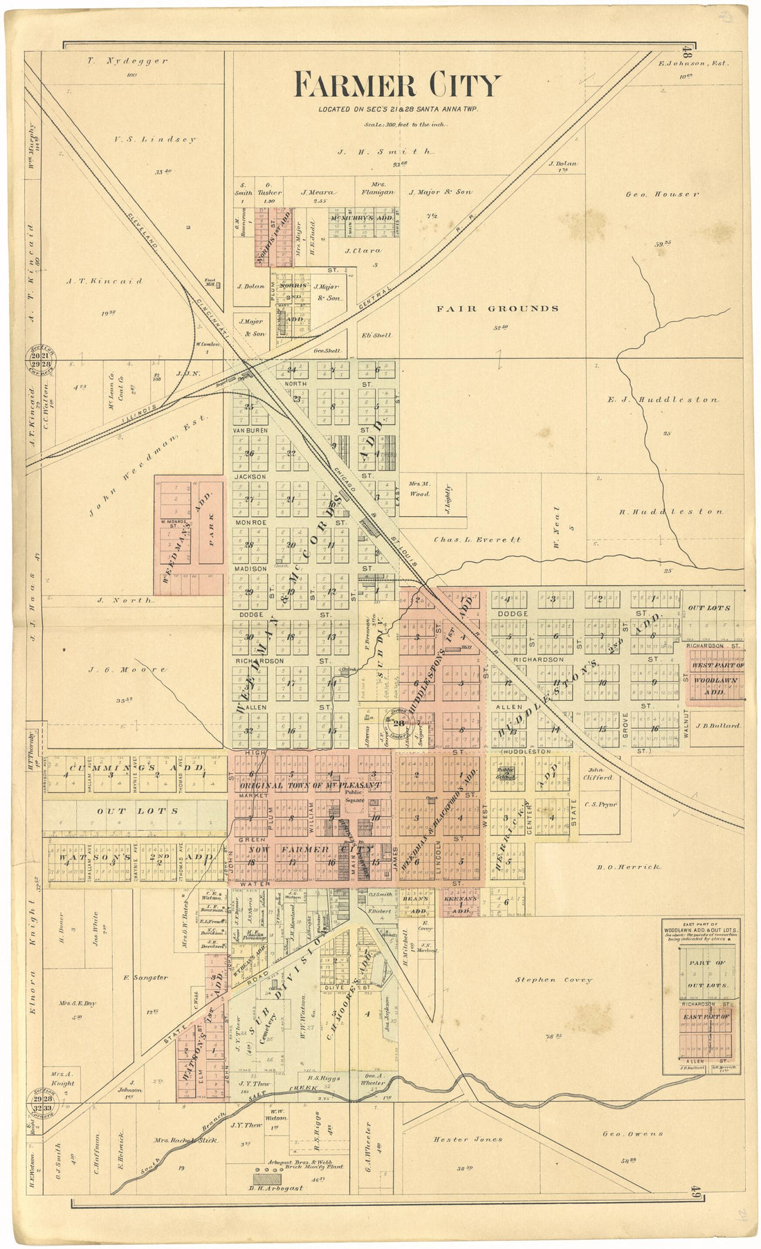 This old map of Farmer City from Plat Book of De Witt County, Illinois from 1894 was created by Geo. A. Ogle & Co in 1894