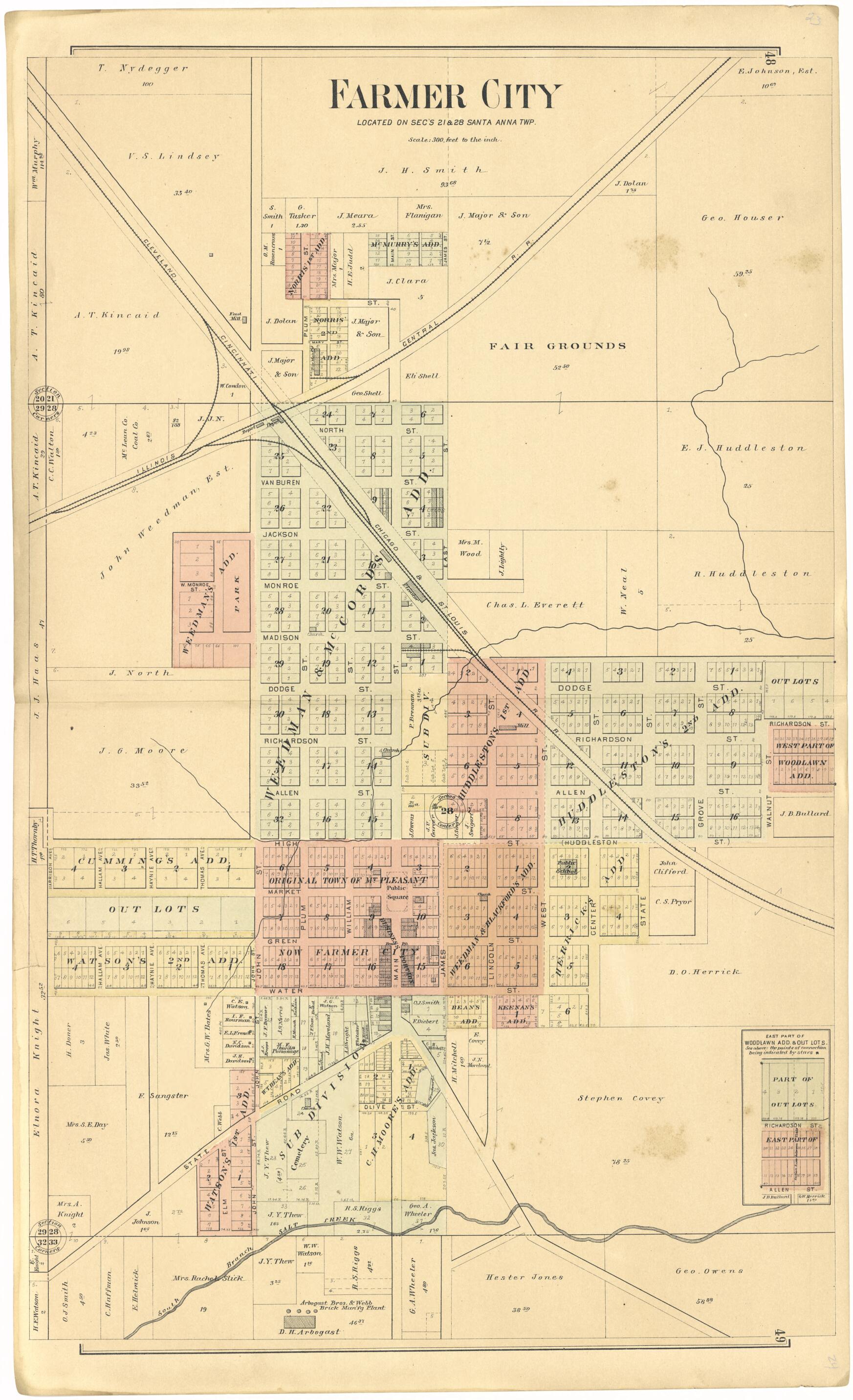 This old map of Farmer City from Plat Book of De Witt County, Illinois from 1894 was created by Geo. A. Ogle & Co in 1894