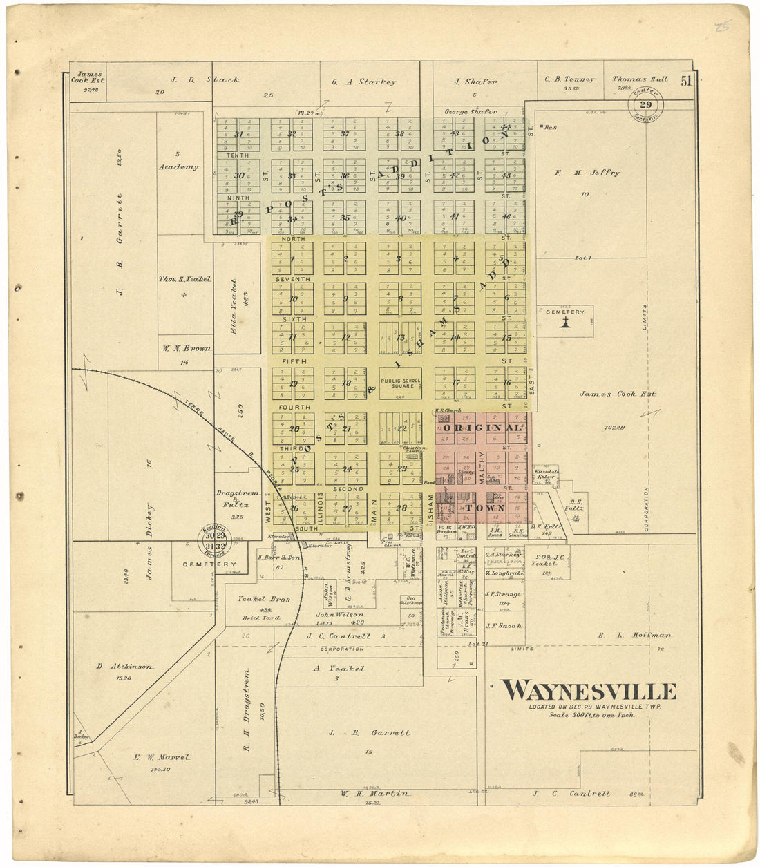 This old map of Waynesville from Plat Book of De Witt County, Illinois from 1894 was created by Geo. A. Ogle & Co in 1894
