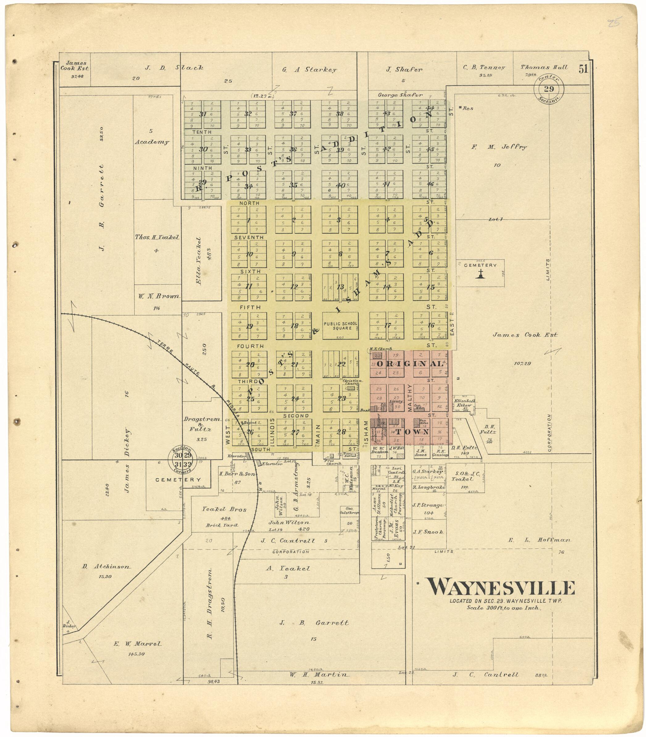 This old map of Waynesville from Plat Book of De Witt County, Illinois from 1894 was created by Geo. A. Ogle & Co in 1894