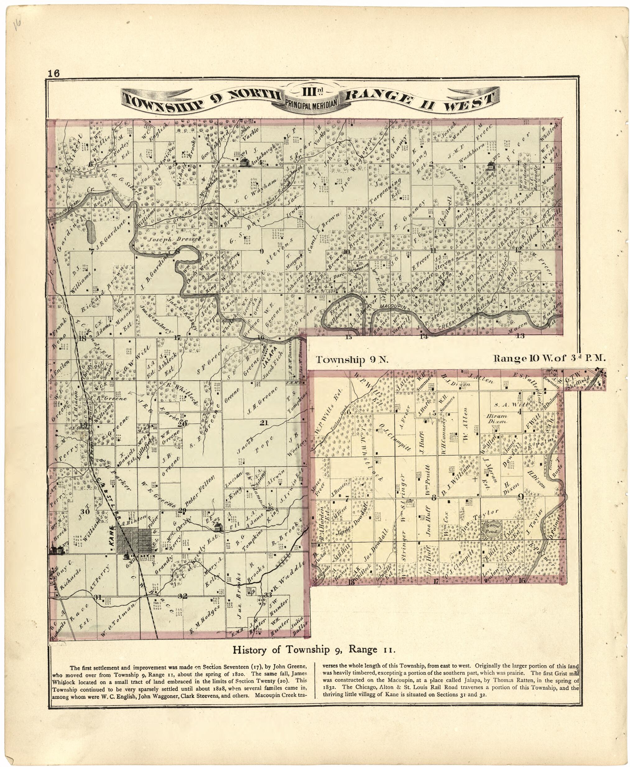 This old map of Township 9 North IIIrd Range 11 West from Atlas Map of Greene County, Illinois from 1873 was created by Lyter & Co Andreas in 1873