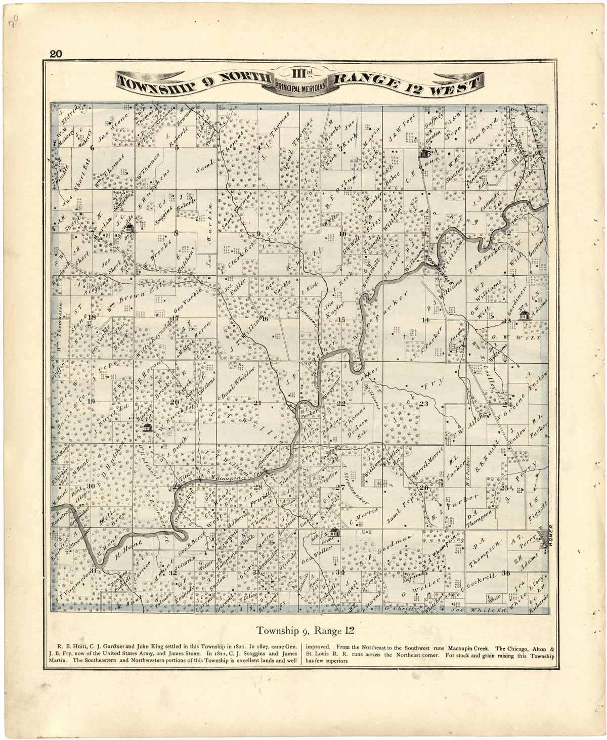 Township 9 North IIIrd Range 12 West from Atlas Map of Greene County, Illinois 1873 by Relic Map Company