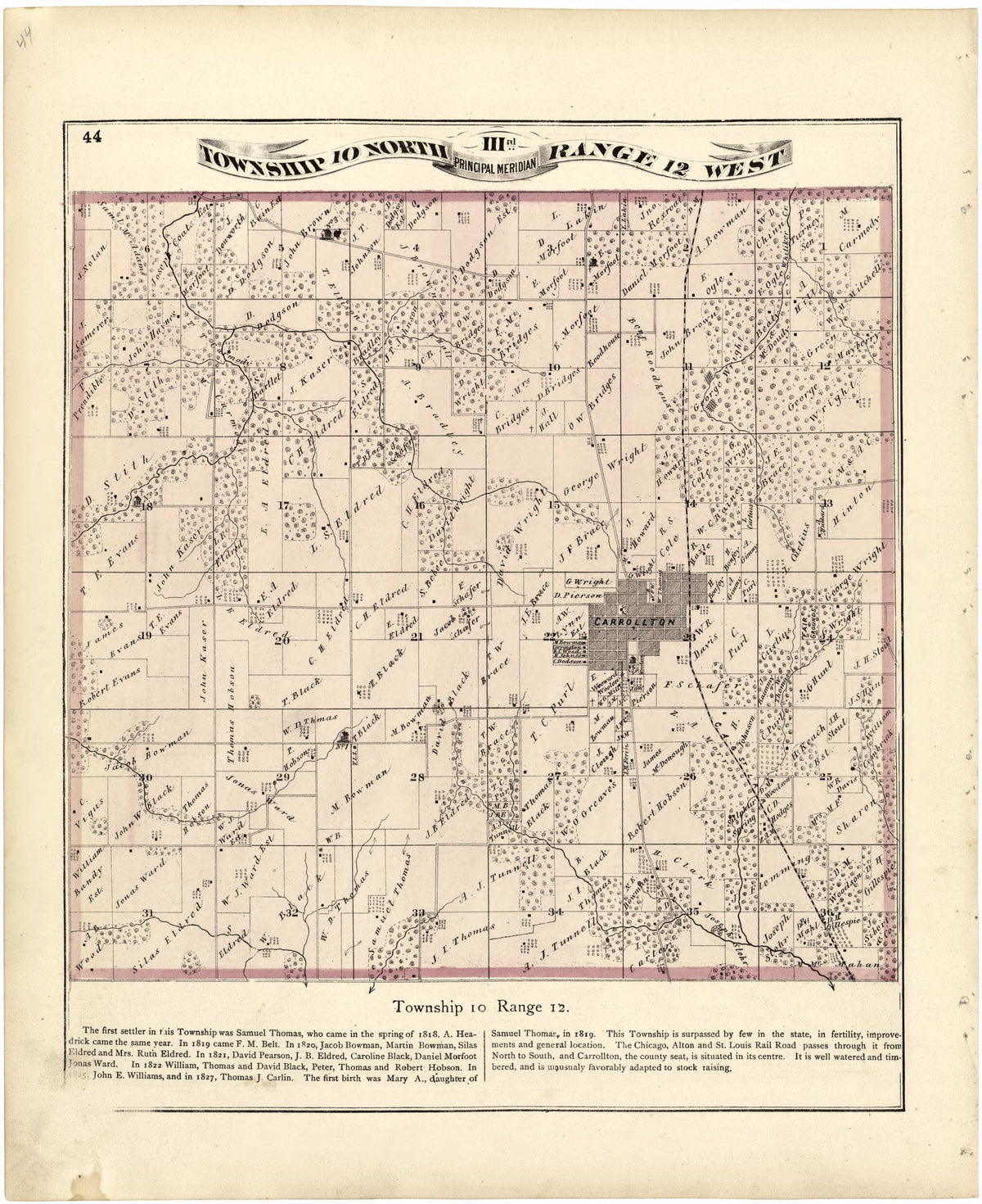 Township 10 North Range 12 West from Atlas Map of Greene County, Illinois 1873 by Relic Map Company