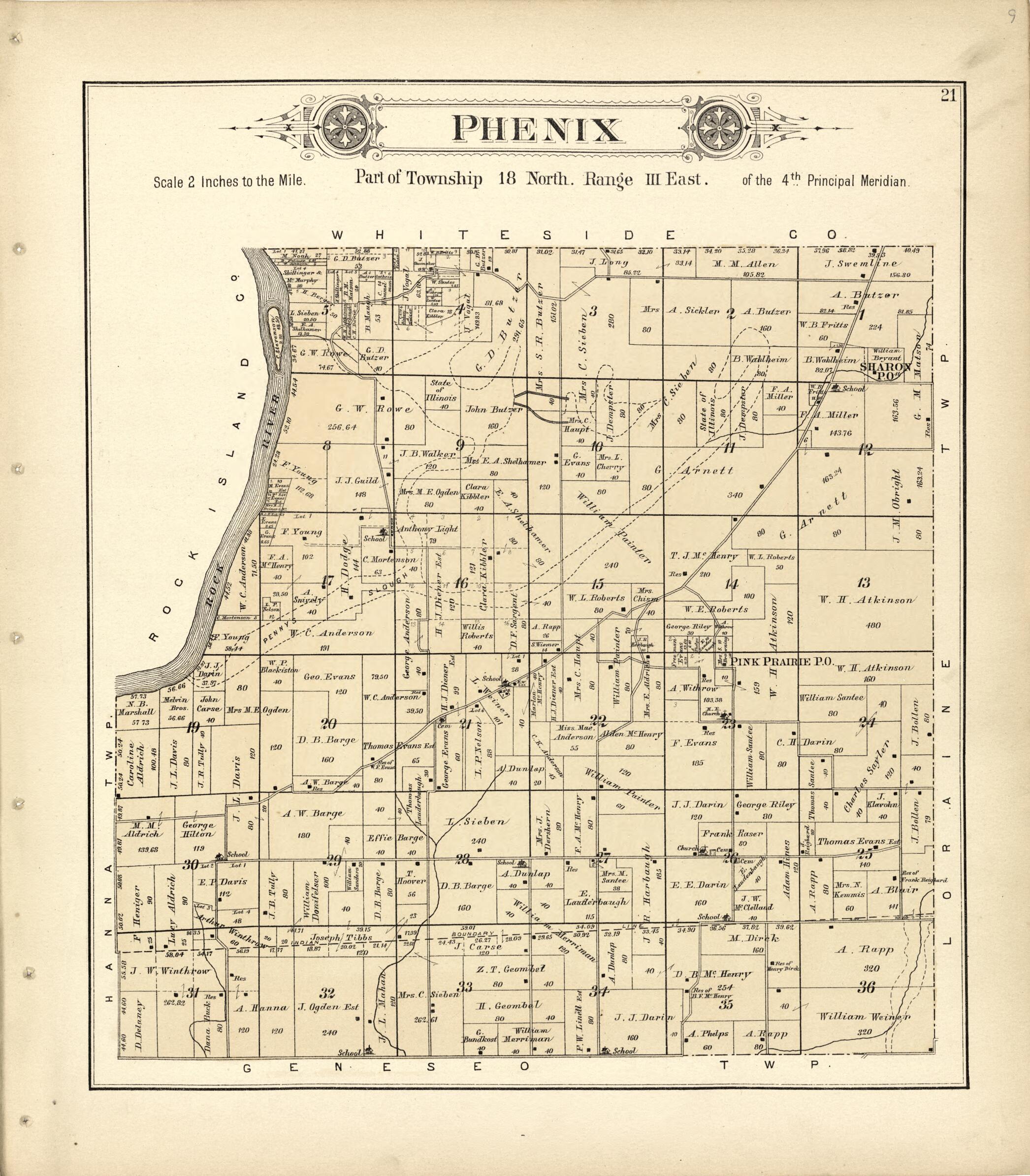 This old map of Phenix from Plat Book of Henry County, Illinois from 1893 was created by Geo. A. Ogle & Co in 1893