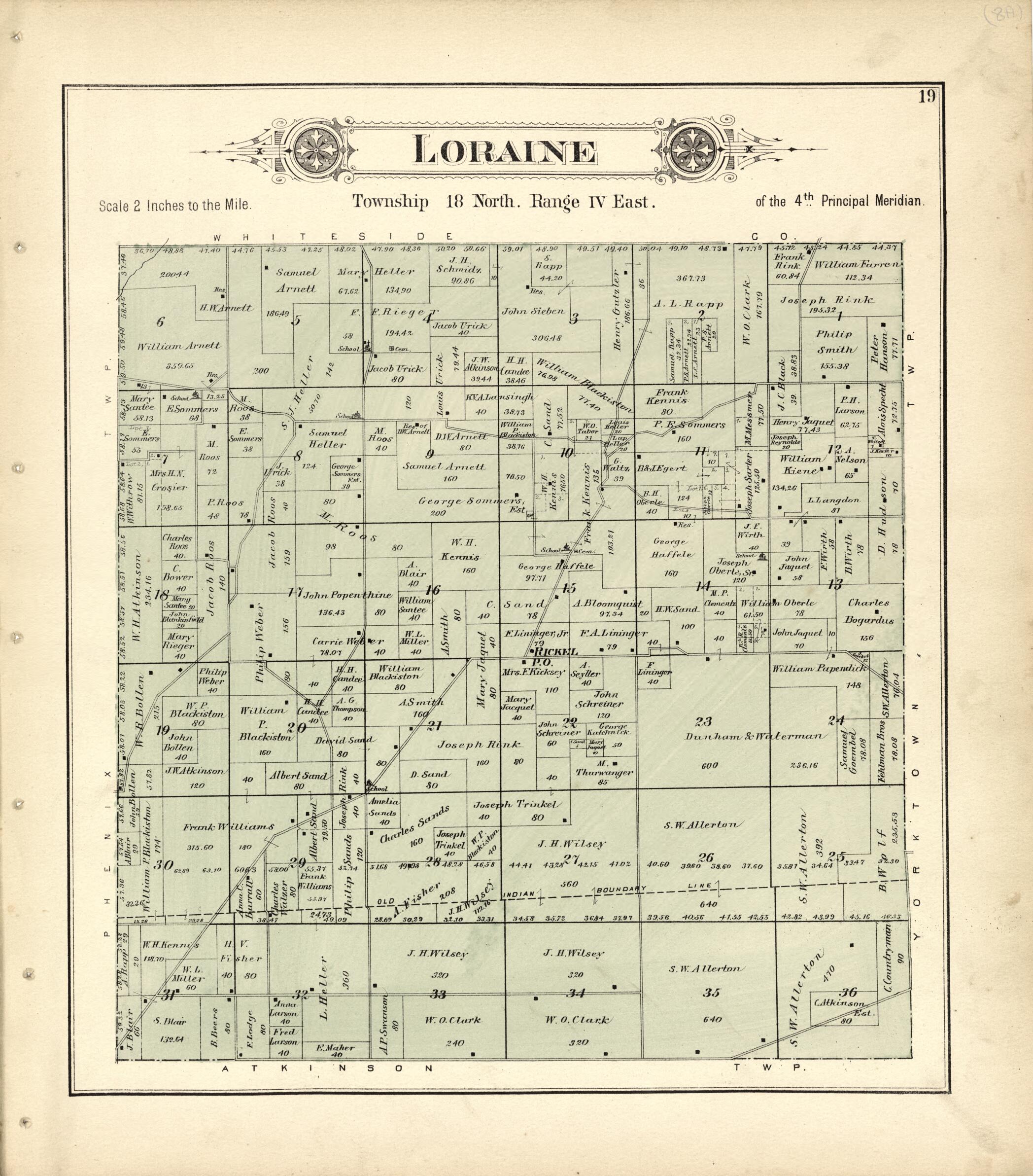 This old map of Loraine from Plat Book of Henry County, Illinois from 1893 was created by Geo. A. Ogle & Co in 1893