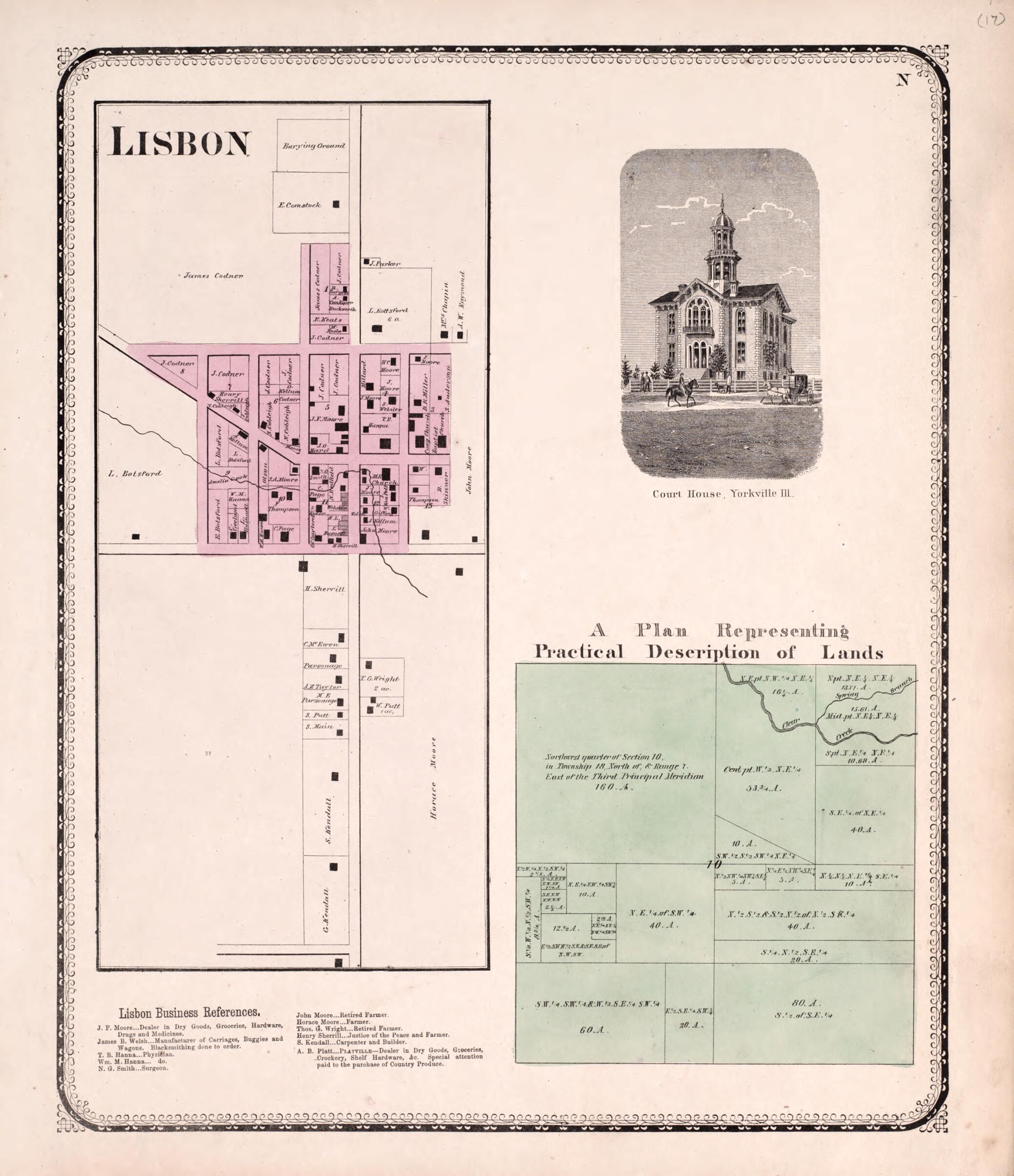 This old map of Lisbon; View of Court House, Yorkville; Practical Description of Lands from State of Illinois Combined Town, County, State, National and General Atlas from 1870 was created by Worley & Bracher in 1870
