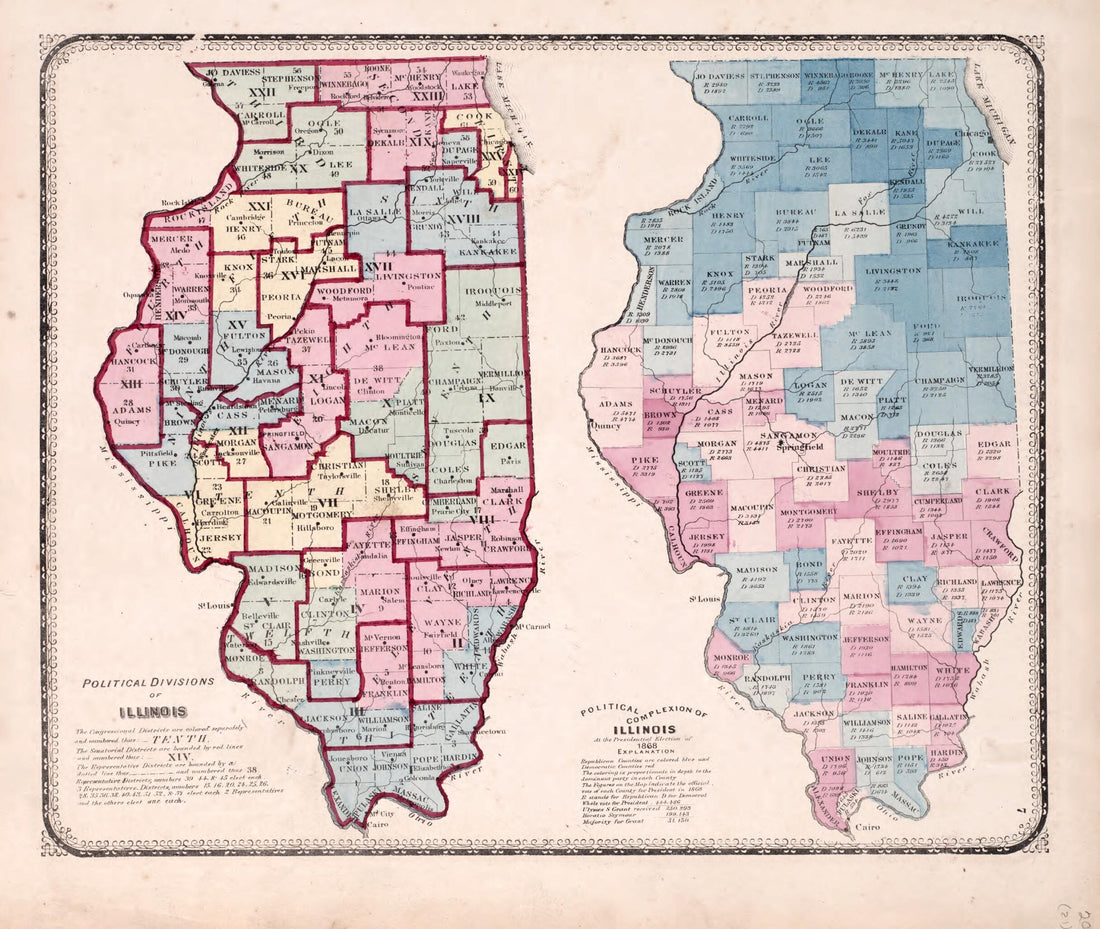 This old map of Political Divisions of Illinois from State of Illinois Combined Town, County, State, National and General Atlas from 1870 was created by Worley & Bracher in 1870