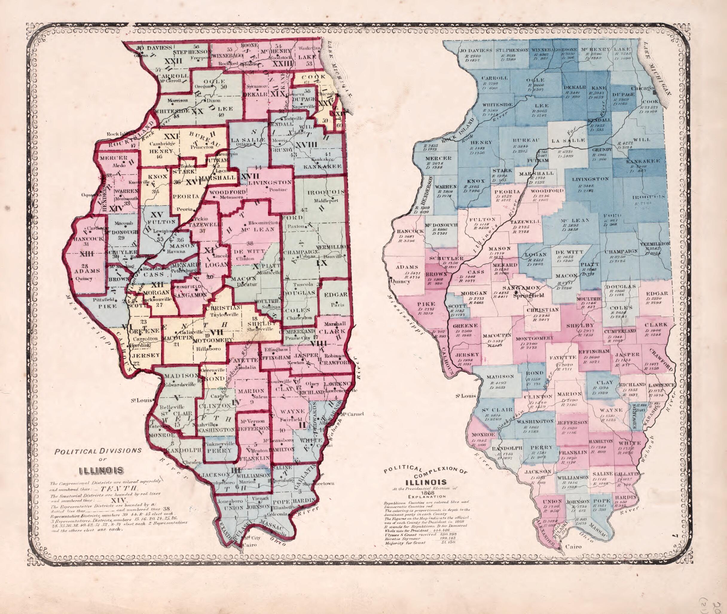 This old map of Political Divisions of Illinois from State of Illinois Combined Town, County, State, National and General Atlas from 1870 was created by Worley & Bracher in 1870