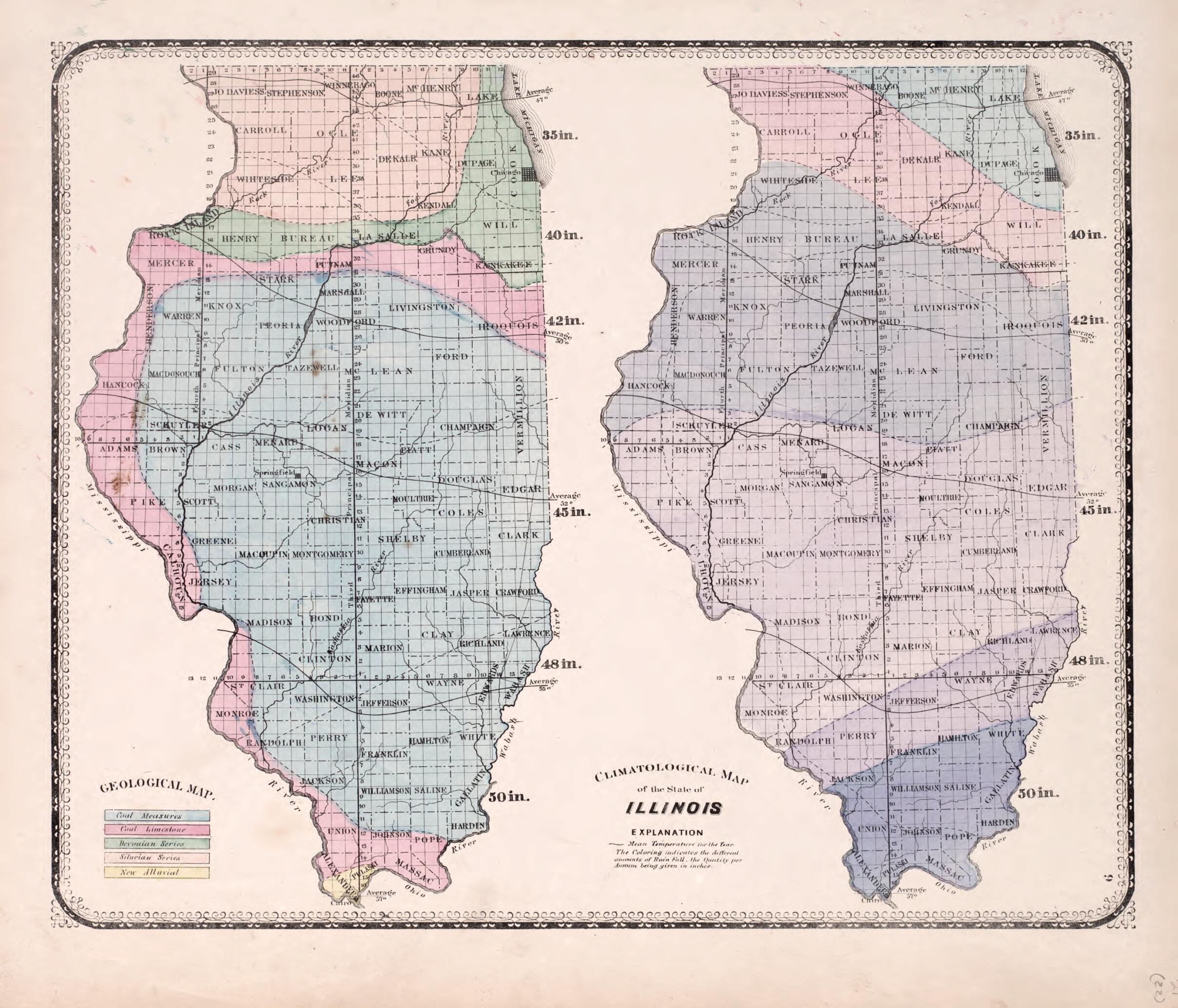 This old map of Climatological Map of Illinois from State of Illinois Combined Town, County, State, National and General Atlas from 1870 was created by Worley & Bracher in 1870