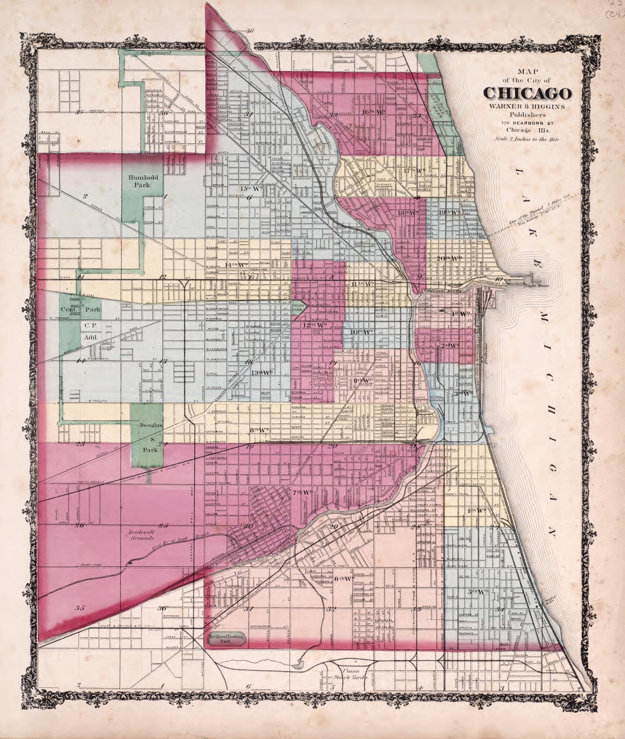 This old map of Chicago from State of Illinois Combined Town, County, State, National and General Atlas from 1870 was created by Worley & Bracher in 1870