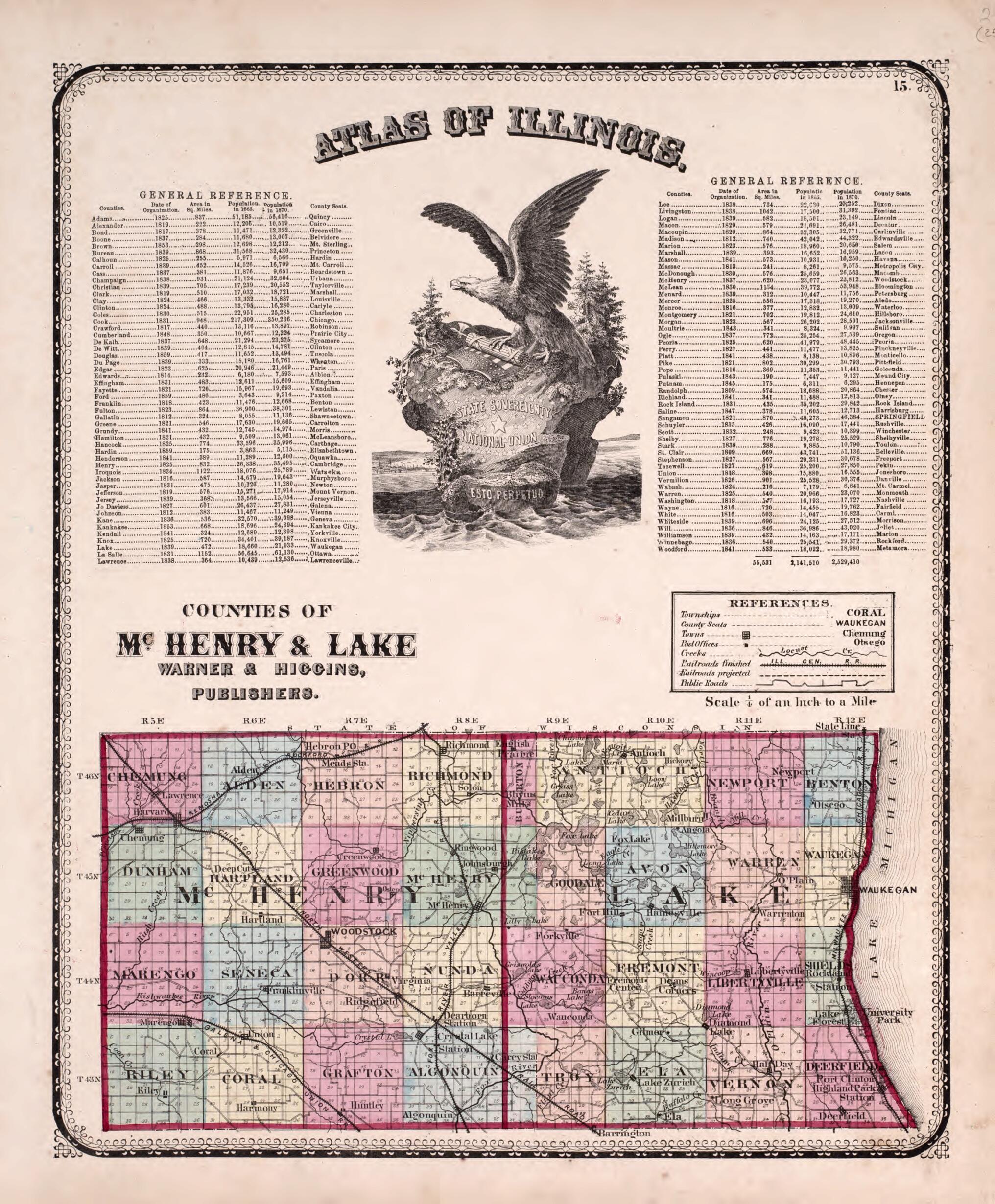 This old map of General Reference; Counties of McHenry and Lake from State of Illinois Combined Town, County, State, National and General Atlas from 1870 was created by Worley & Bracher in 1870