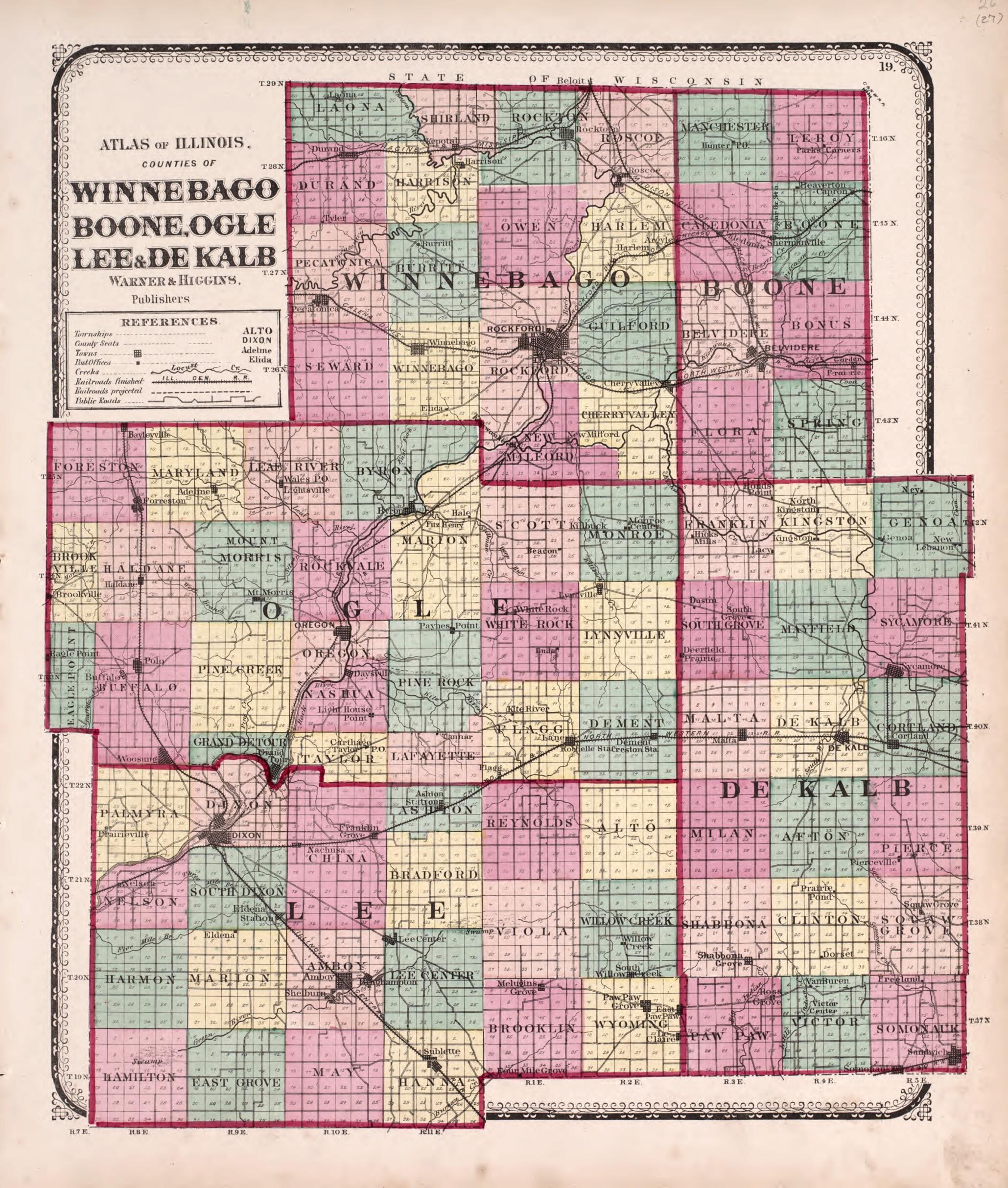 This old map of Counties of Winnabago, Boone, Ogle, Lee and De Kalb from State of Illinois Combined Town, County, State, National and General Atlas from 1870 was created by Worley & Bracher in 1870