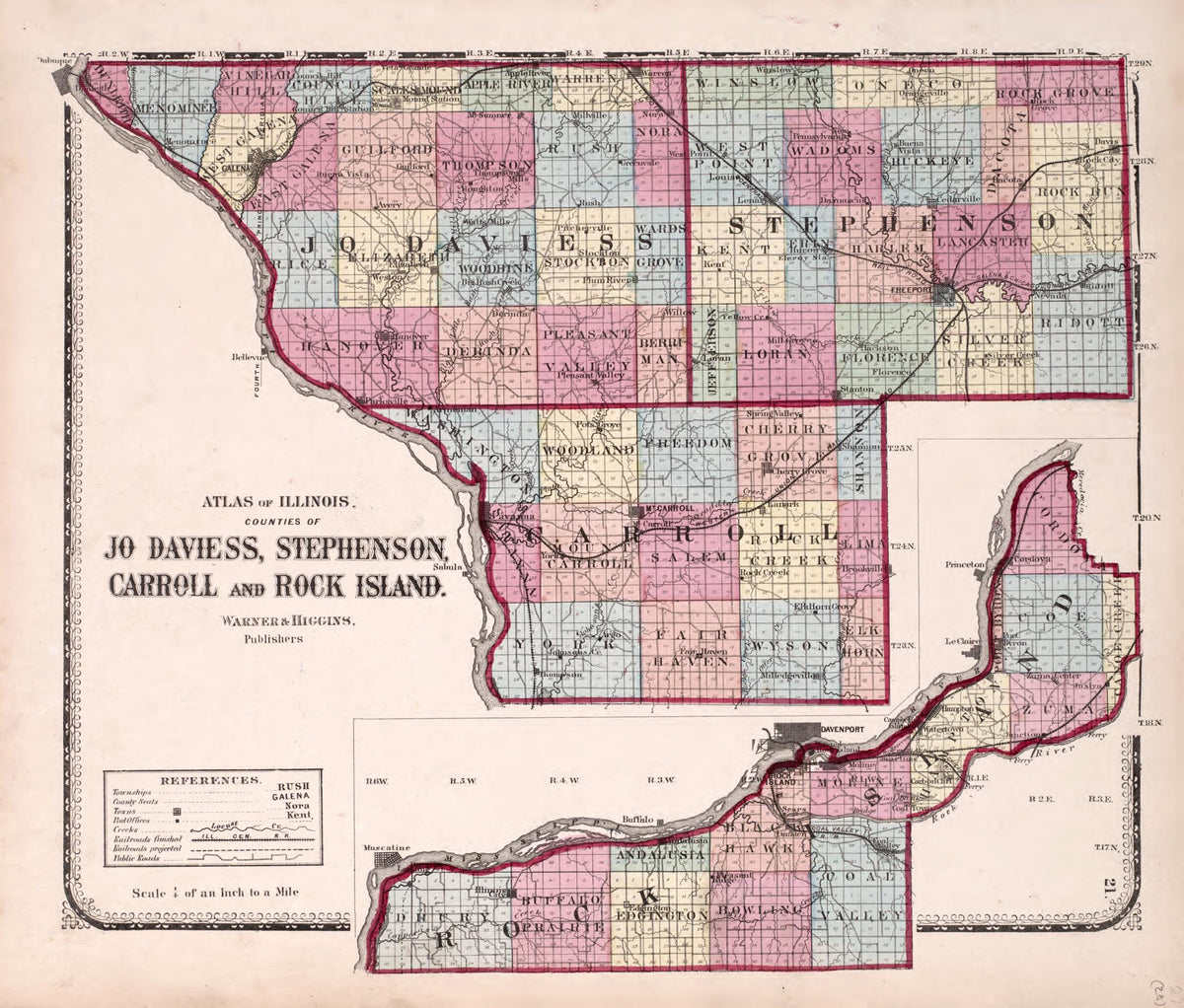 Counties of Jo Daviess, Stephenson, Carroll and Rock Island from State of Illinois Combined Town, County, State, National and General Atlas 1870 by Relic Map Company
