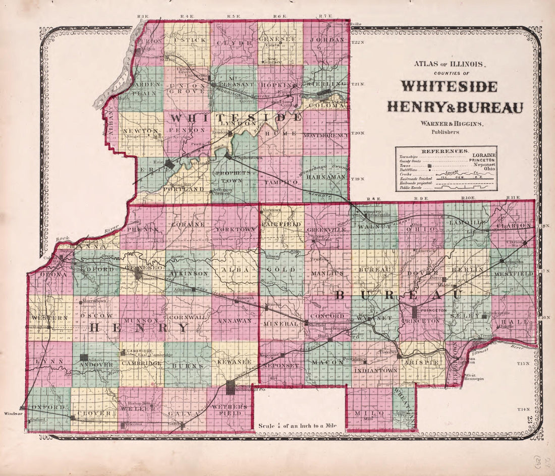 This old map of Counties of Whiteside, Henry & Bureau from State of Illinois Combined Town, County, State, National and General Atlas from 1870 was created by Worley & Bracher in 1870