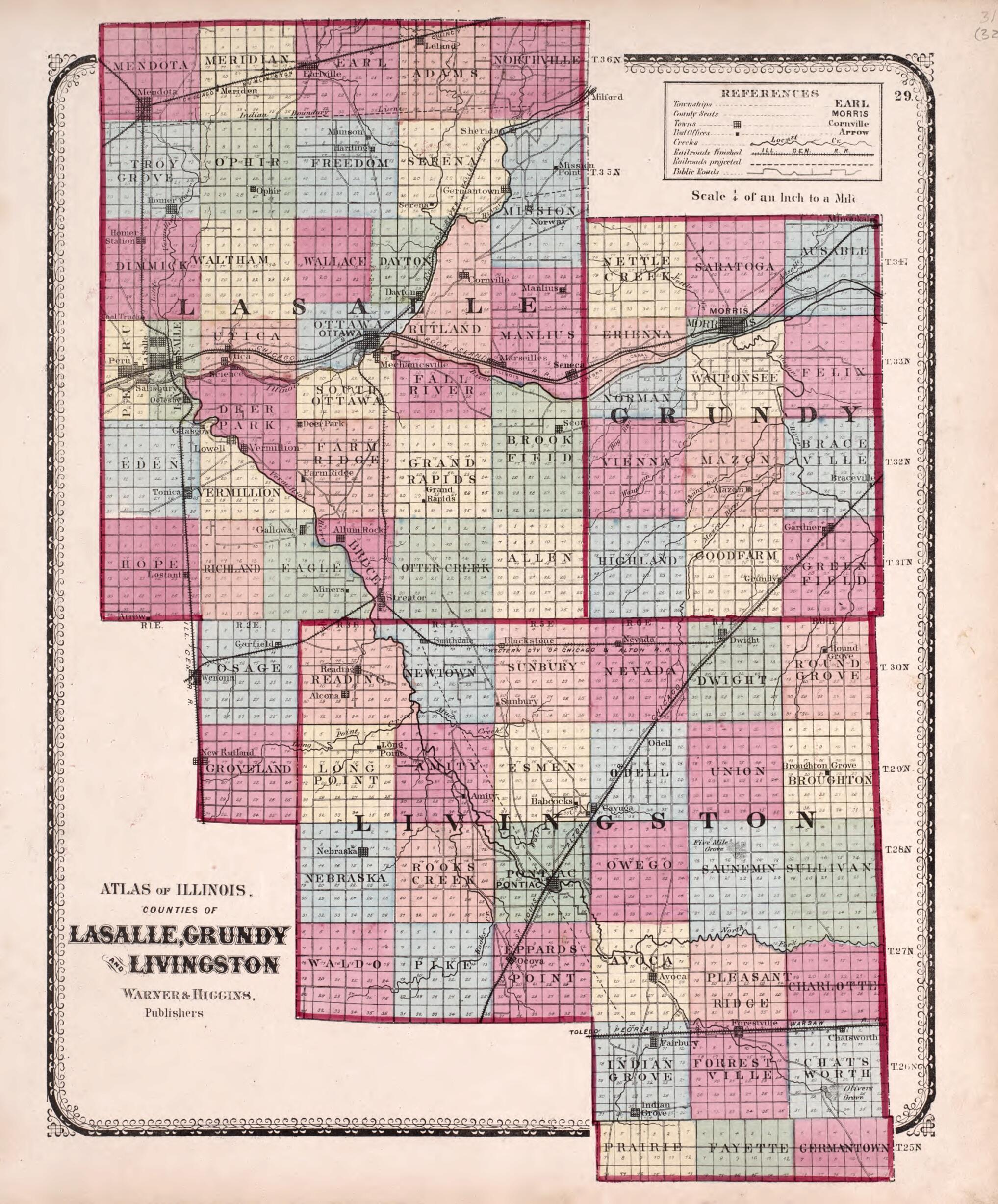 This old map of Counties of Lasalle, Grundy and Livingston from State of Illinois Combined Town, County, State, National and General Atlas from 1870 was created by Worley & Bracher in 1870