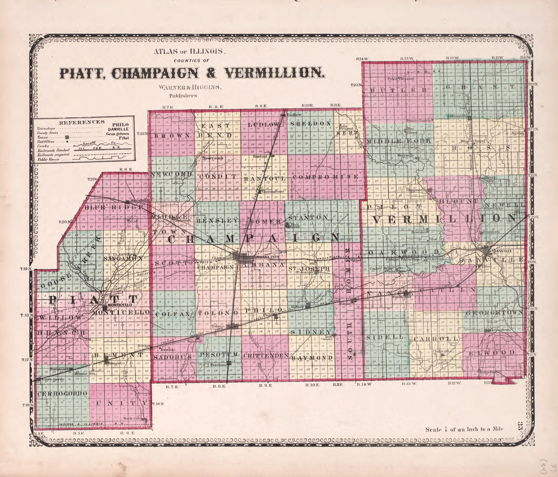 This old map of Piatt, Champaign & Vermillion from State of Illinois Combined Town, County, State, National and General Atlas from 1870 was created by Worley & Bracher in 1870