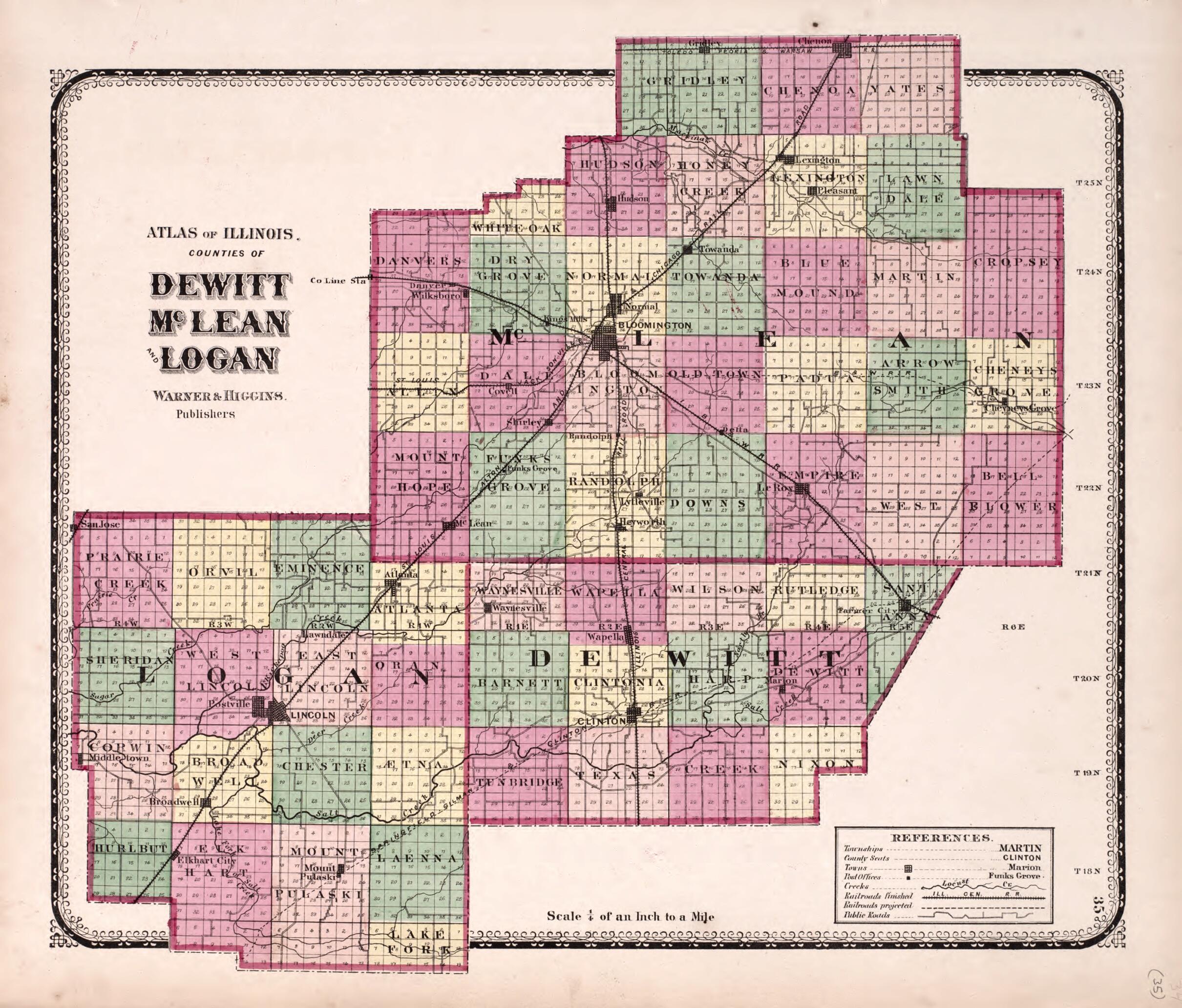 This old map of DeWitt, McLean and Logan from State of Illinois Combined Town, County, State, National and General Atlas from 1870 was created by Worley & Bracher in 1870