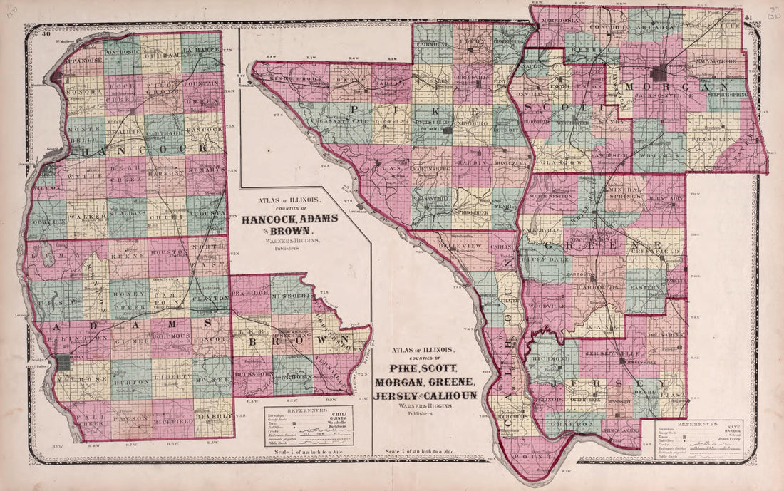 This old map of Hancock, Brown and Adams; Pike, Scott, Morgan, Greene, Jersey and Calhoun from State of Illinois Combined Town, County, State, National and General Atlas from 1870 was created by Worley & Bracher in 1870