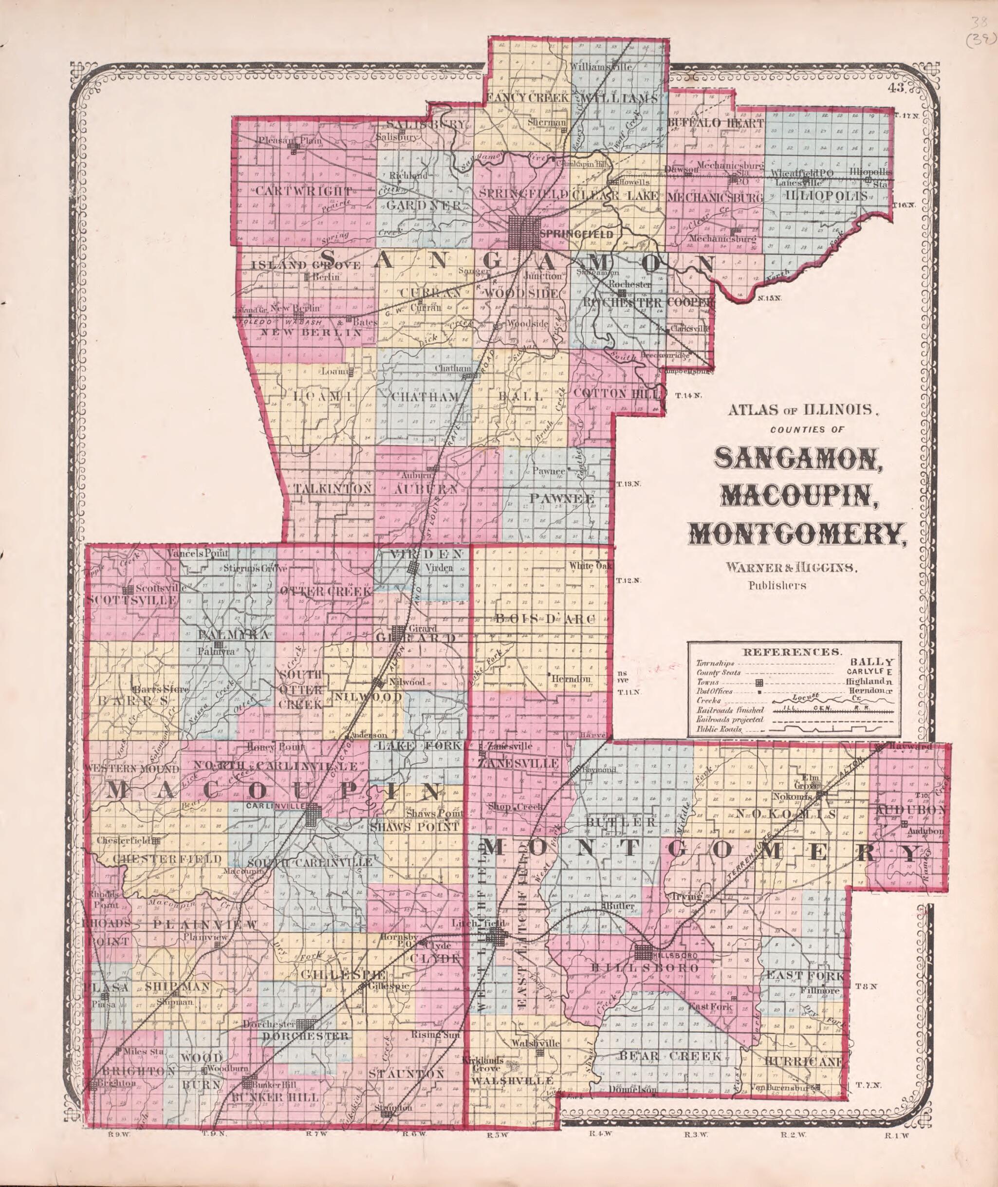 This old map of Sangamon, Macoupin, Montgomery, from State of Illinois Combined Town, County, State, National and General Atlas from 1870 was created by Worley & Bracher in 1870