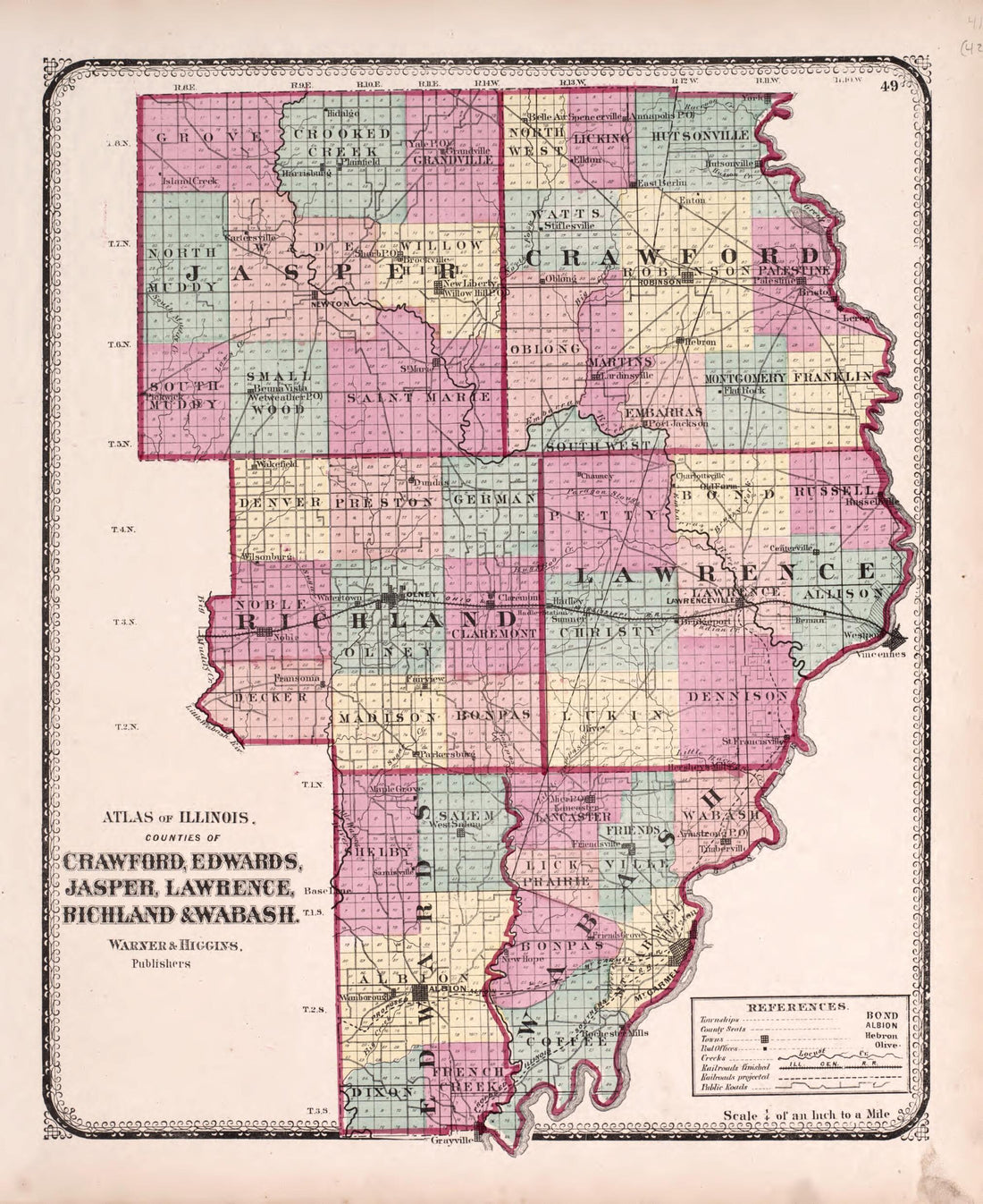 This old map of Crawford, Edwards, Jasper, Lawrence, Richland & Wabash from State of Illinois Combined Town, County, State, National and General Atlas from 1870 was created by Worley & Bracher in 1870