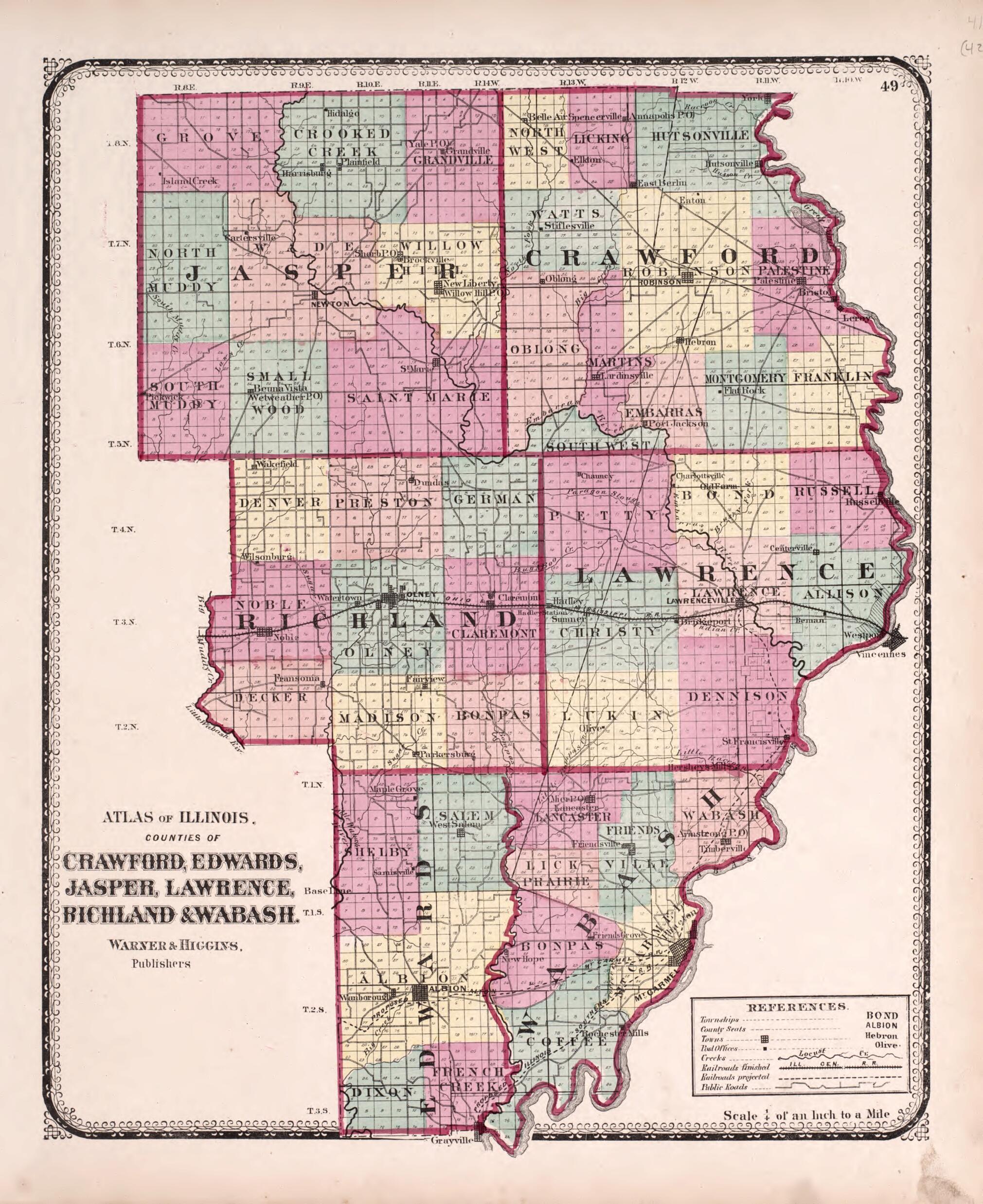 This old map of Crawford, Edwards, Jasper, Lawrence, Richland & Wabash from State of Illinois Combined Town, County, State, National and General Atlas from 1870 was created by Worley & Bracher in 1870