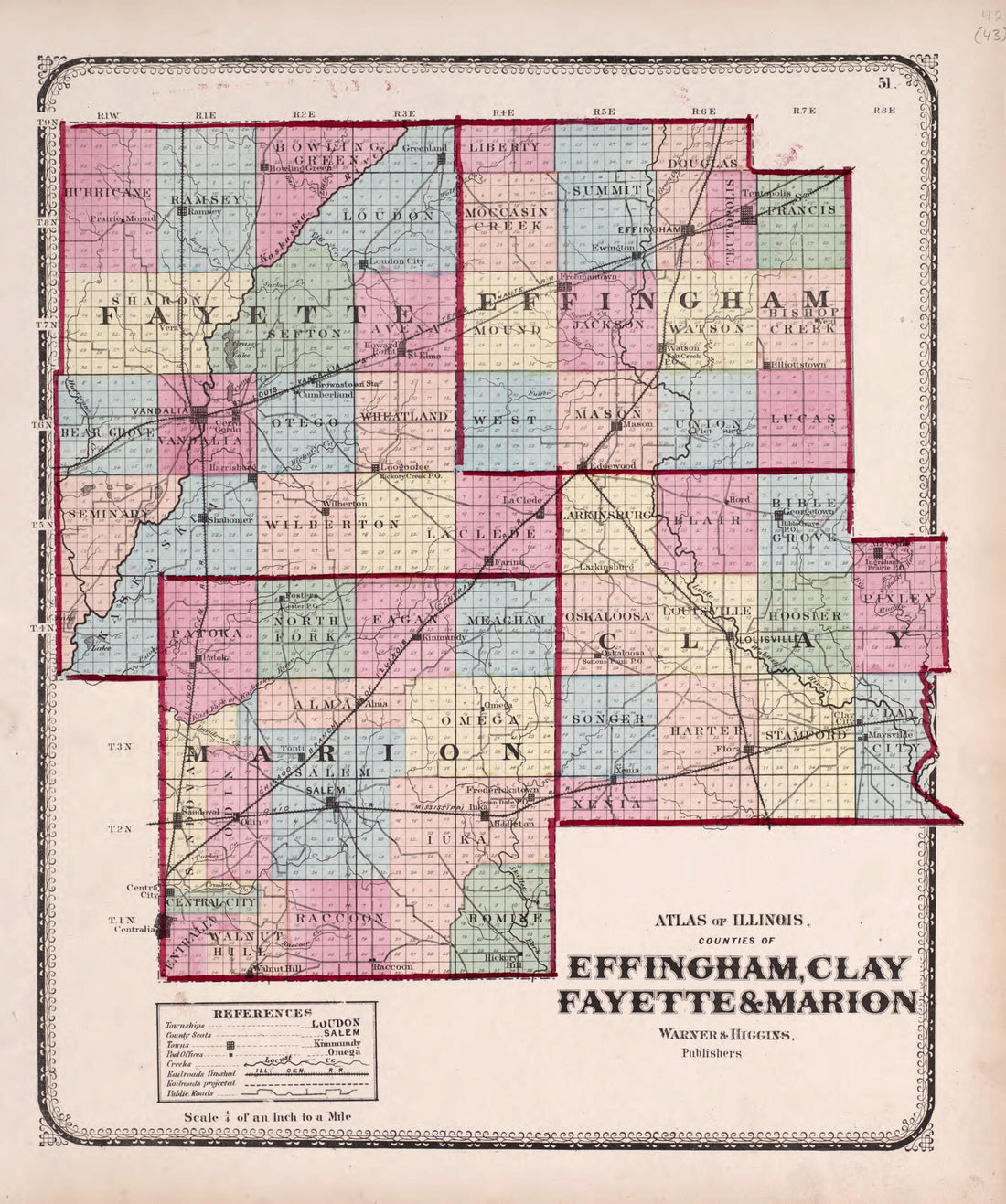 This old map of Effingham, Clay, Fayette & Marion from State of Illinois Combined Town, County, State, National and General Atlas from 1870 was created by Worley & Bracher in 1870