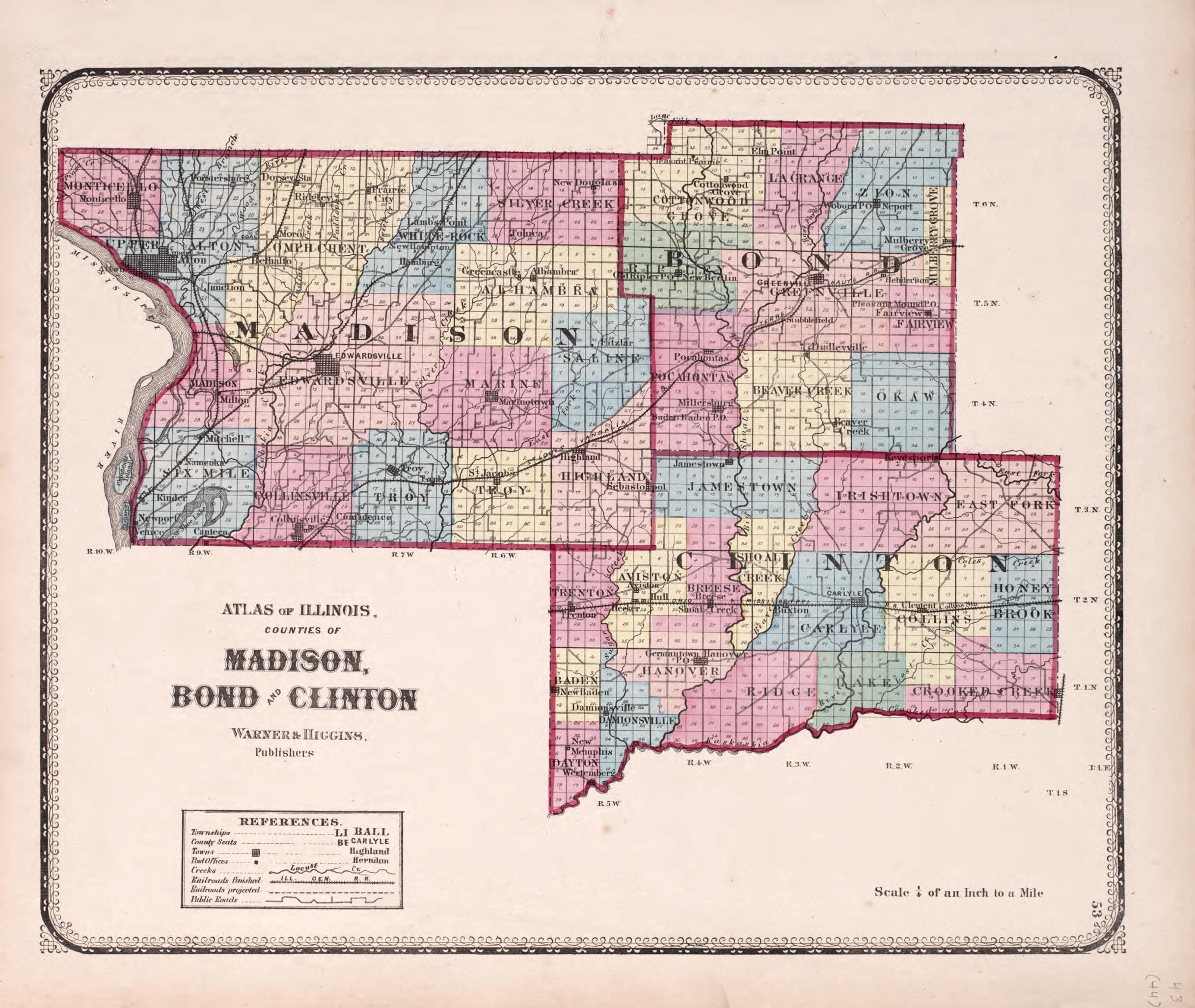 This old map of Madison, Bond and Clinton from State of Illinois Combined Town, County, State, National and General Atlas from 1870 was created by Worley & Bracher in 1870