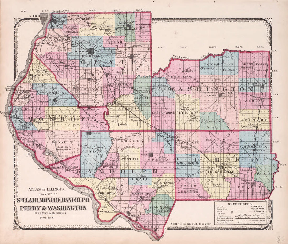 This old map of St. Clair, Monroe, Randolph, Perry & Washington from State of Illinois Combined Town, County, State, National and General Atlas from 1870 was created by Worley & Bracher in 1870