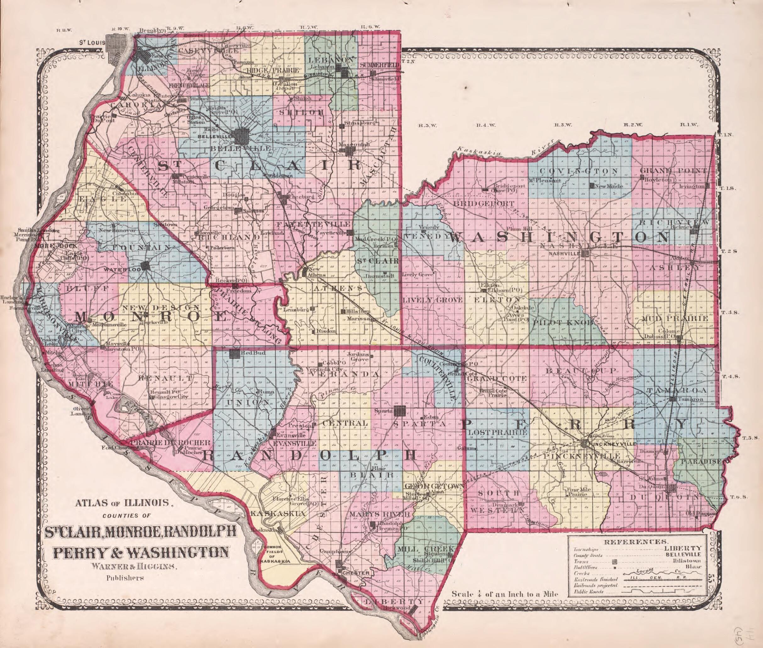 This old map of St. Clair, Monroe, Randolph, Perry & Washington from State of Illinois Combined Town, County, State, National and General Atlas from 1870 was created by Worley & Bracher in 1870