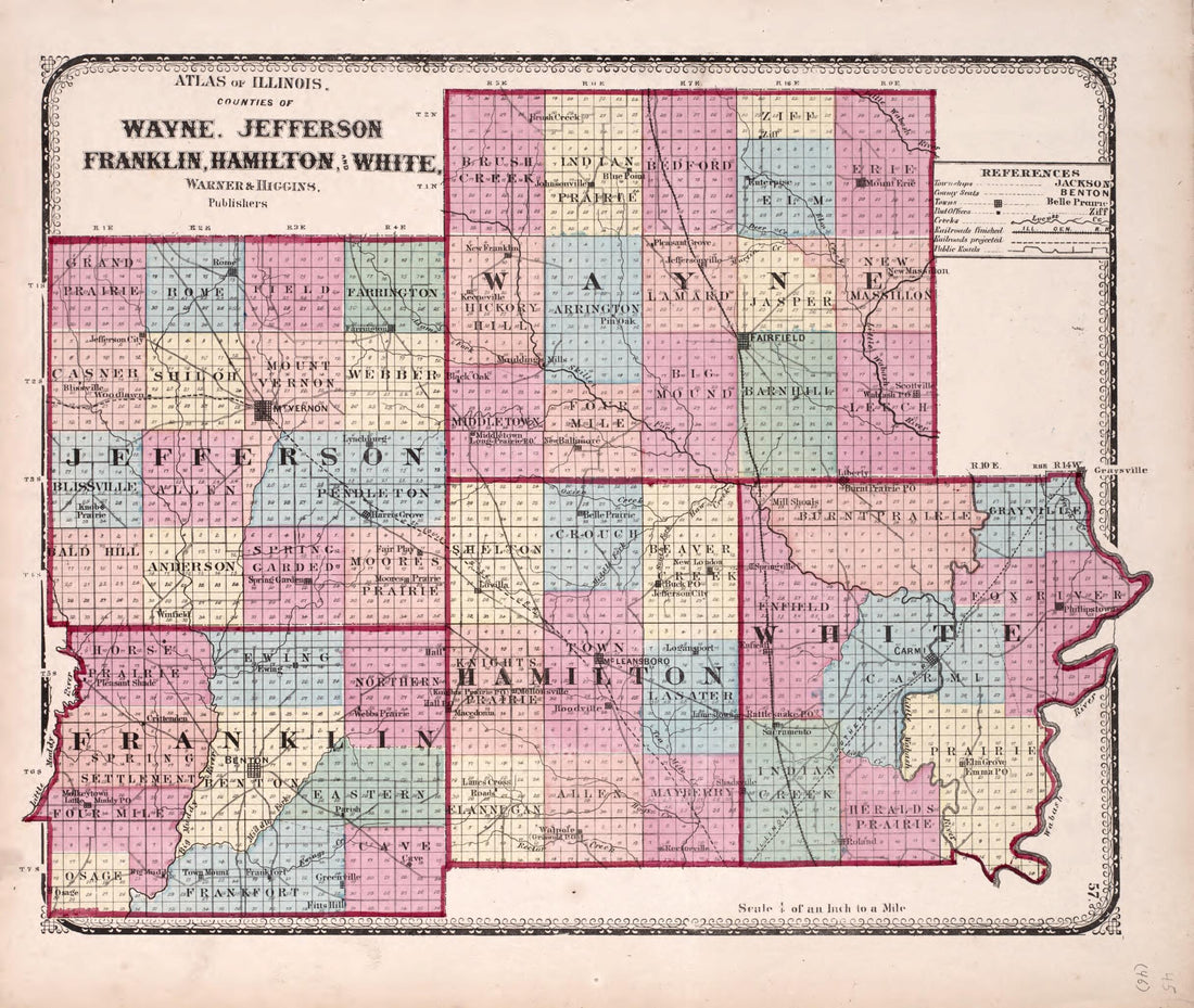 This old map of Wayne, Jefferson, Franklin, Hamilton and White from State of Illinois Combined Town, County, State, National and General Atlas from 1870 was created by Worley & Bracher in 1870