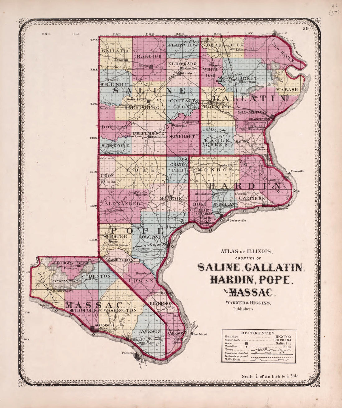 This old map of Saline, Gallatin, Hardin, Pope and Massac from State of Illinois Combined Town, County, State, National and General Atlas from 1870 was created by Worley & Bracher in 1870