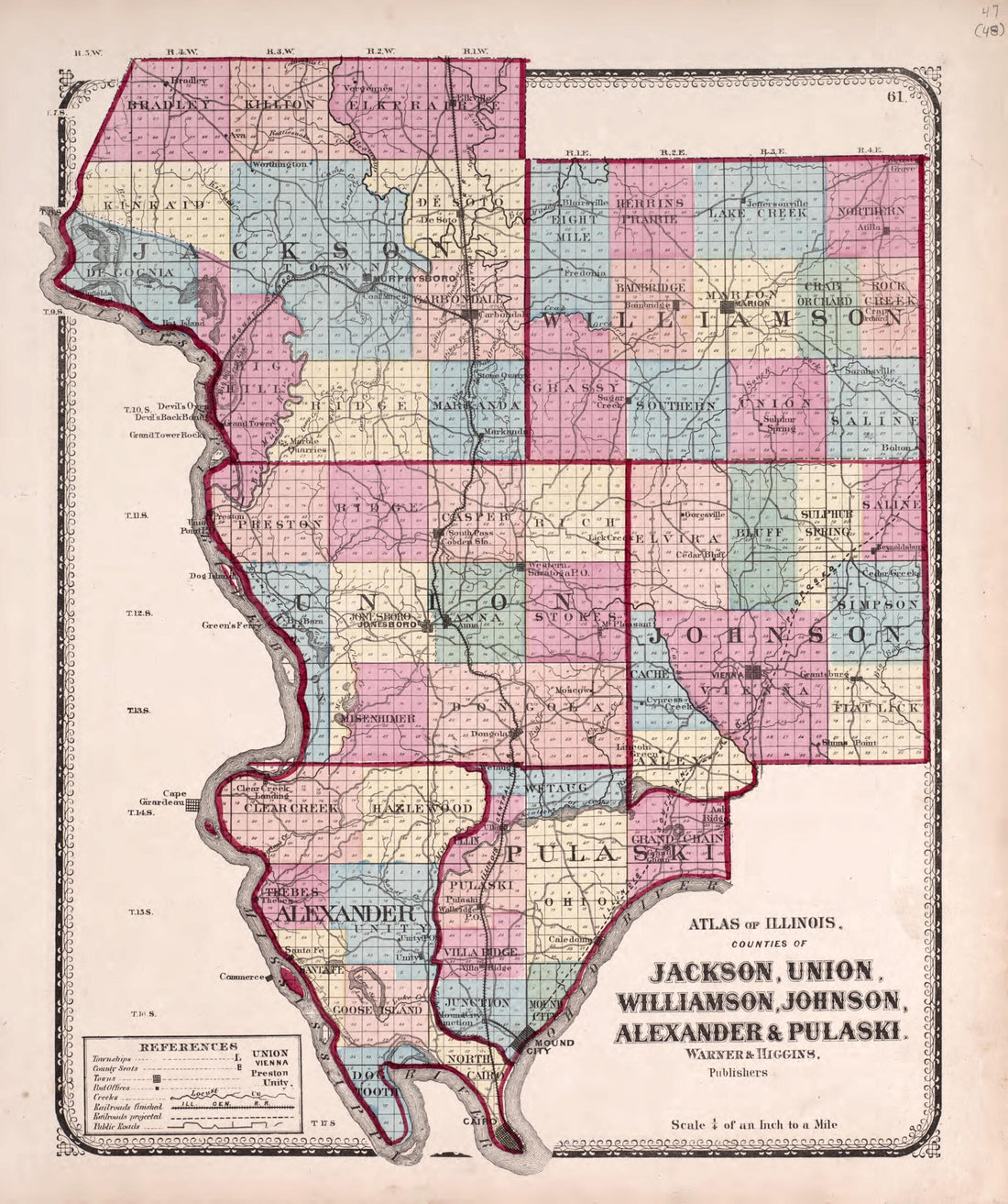 This old map of Jackson, Union, Williamson, Johnson, Alexander & Pulaski from State of Illinois Combined Town, County, State, National and General Atlas from 1870 was created by Worley & Bracher in 1870
