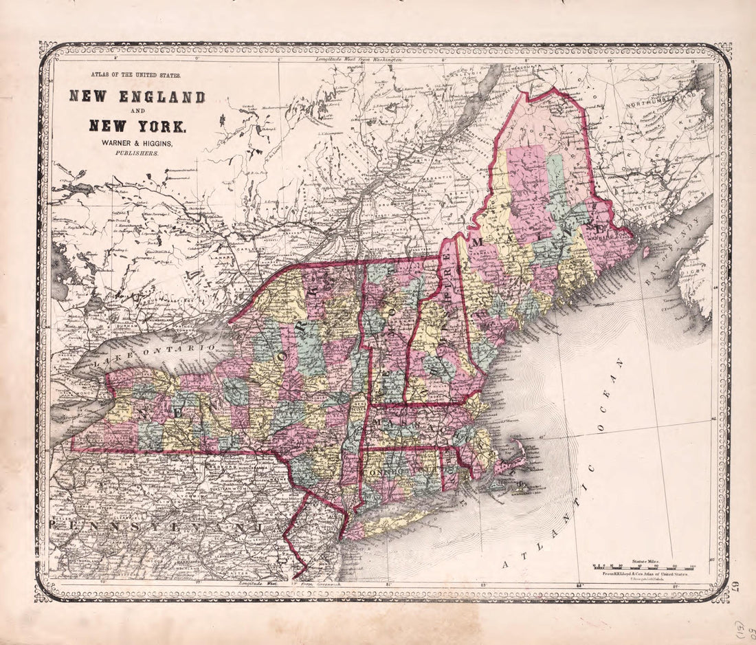 This old map of New England and New York from State of Illinois Combined Town, County, State, National and General Atlas from 1870 was created by Worley & Bracher in 1870