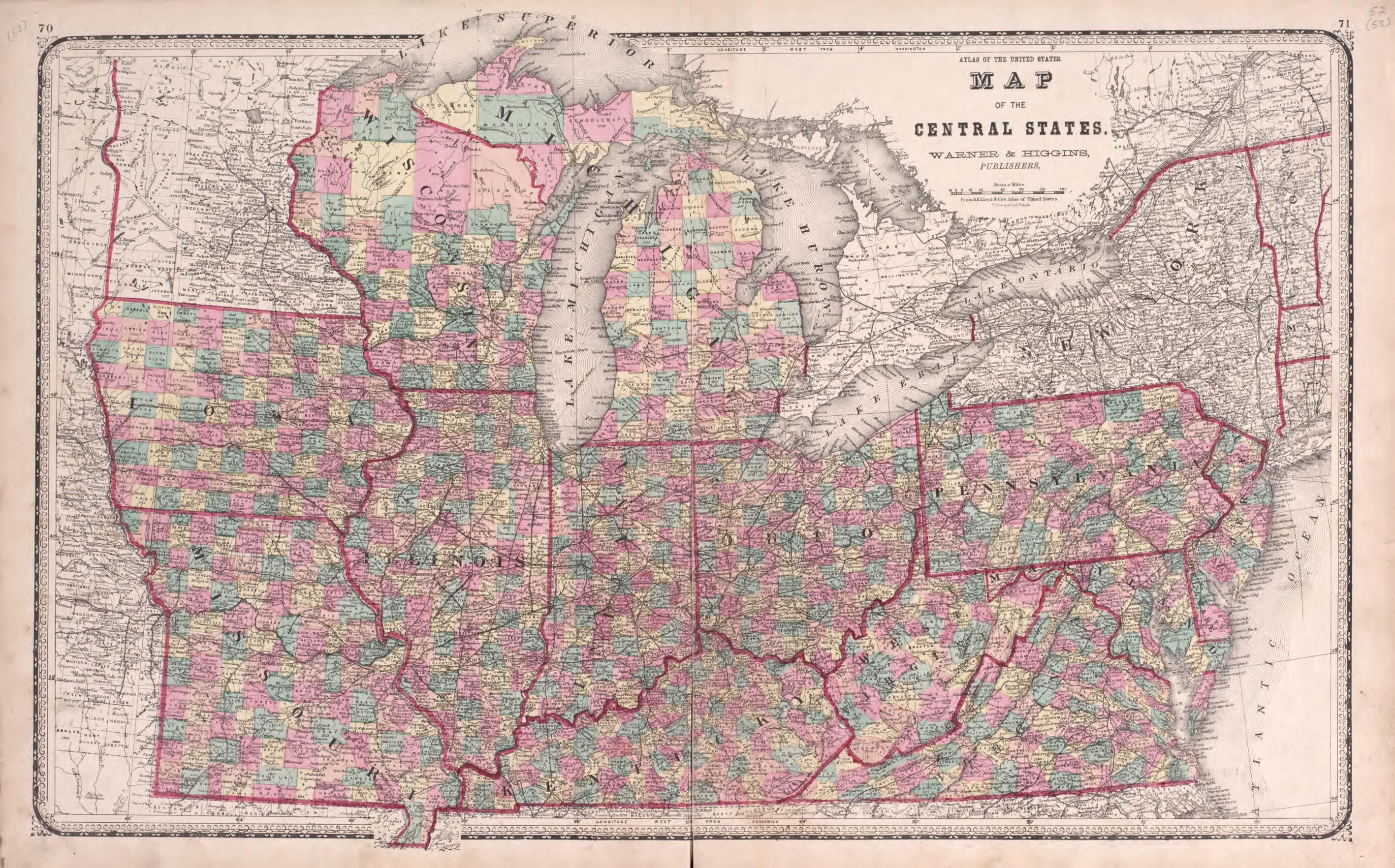This old map of Central States from State of Illinois Combined Town, County, State, National and General Atlas from 1870 was created by Worley & Bracher in 1870