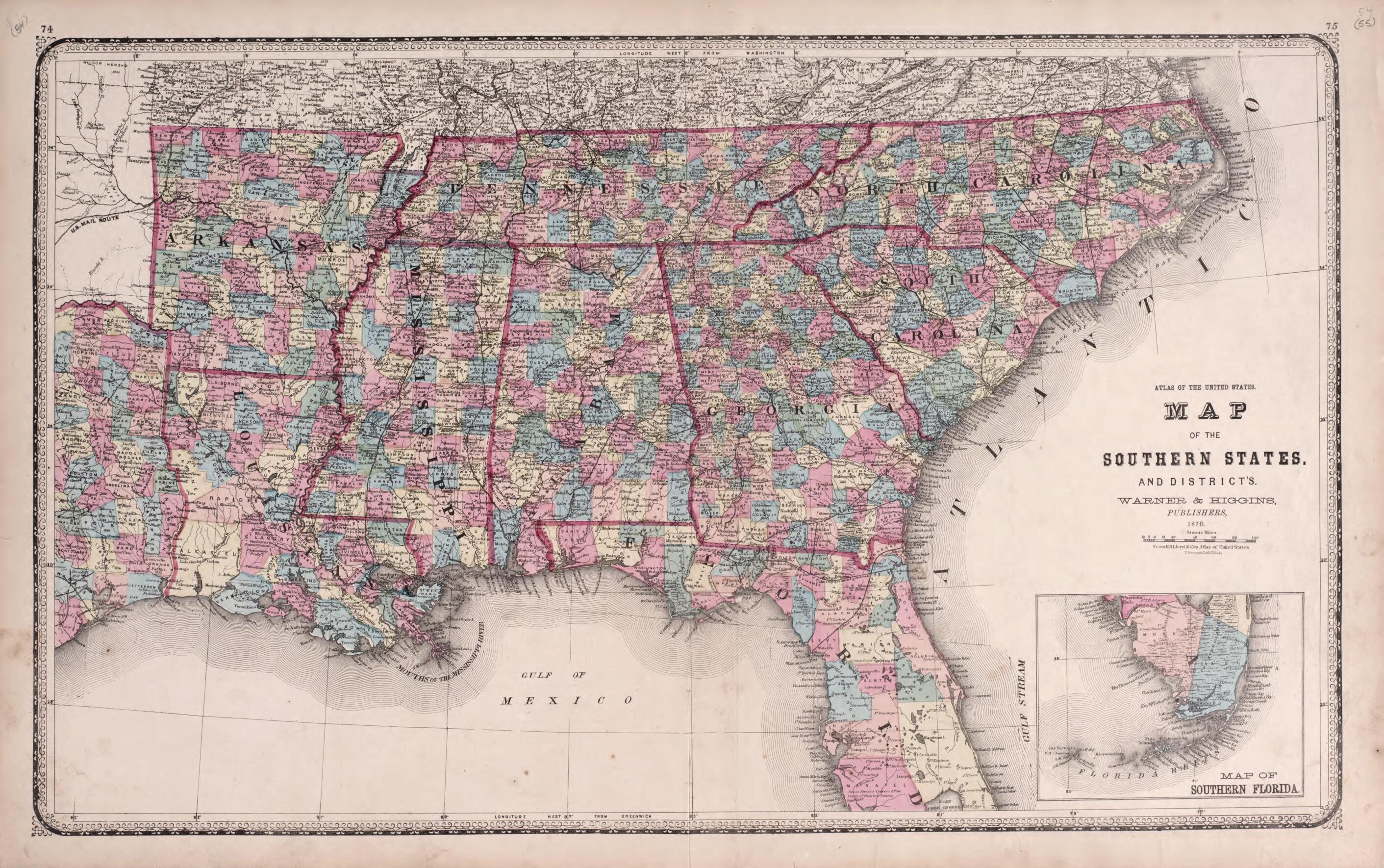 This old map of Southern States from State of Illinois Combined Town, County, State, National and General Atlas from 1870 was created by Worley & Bracher in 1870
