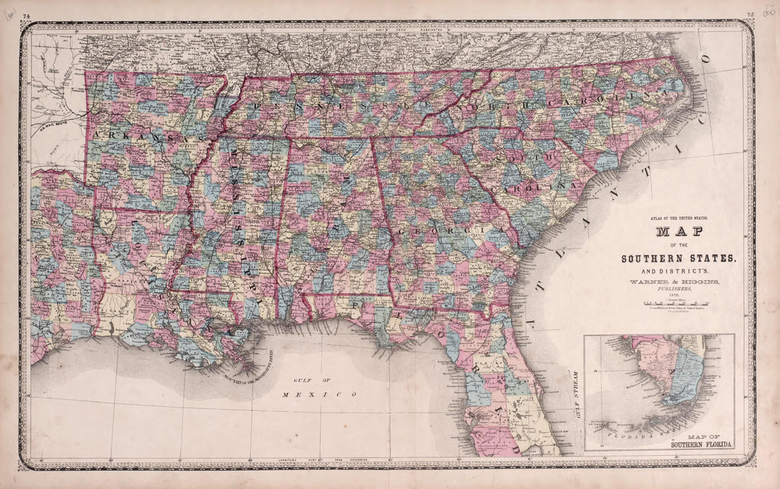 This old map of Southern States from State of Illinois Combined Town, County, State, National and General Atlas from 1870 was created by Worley & Bracher in 1870