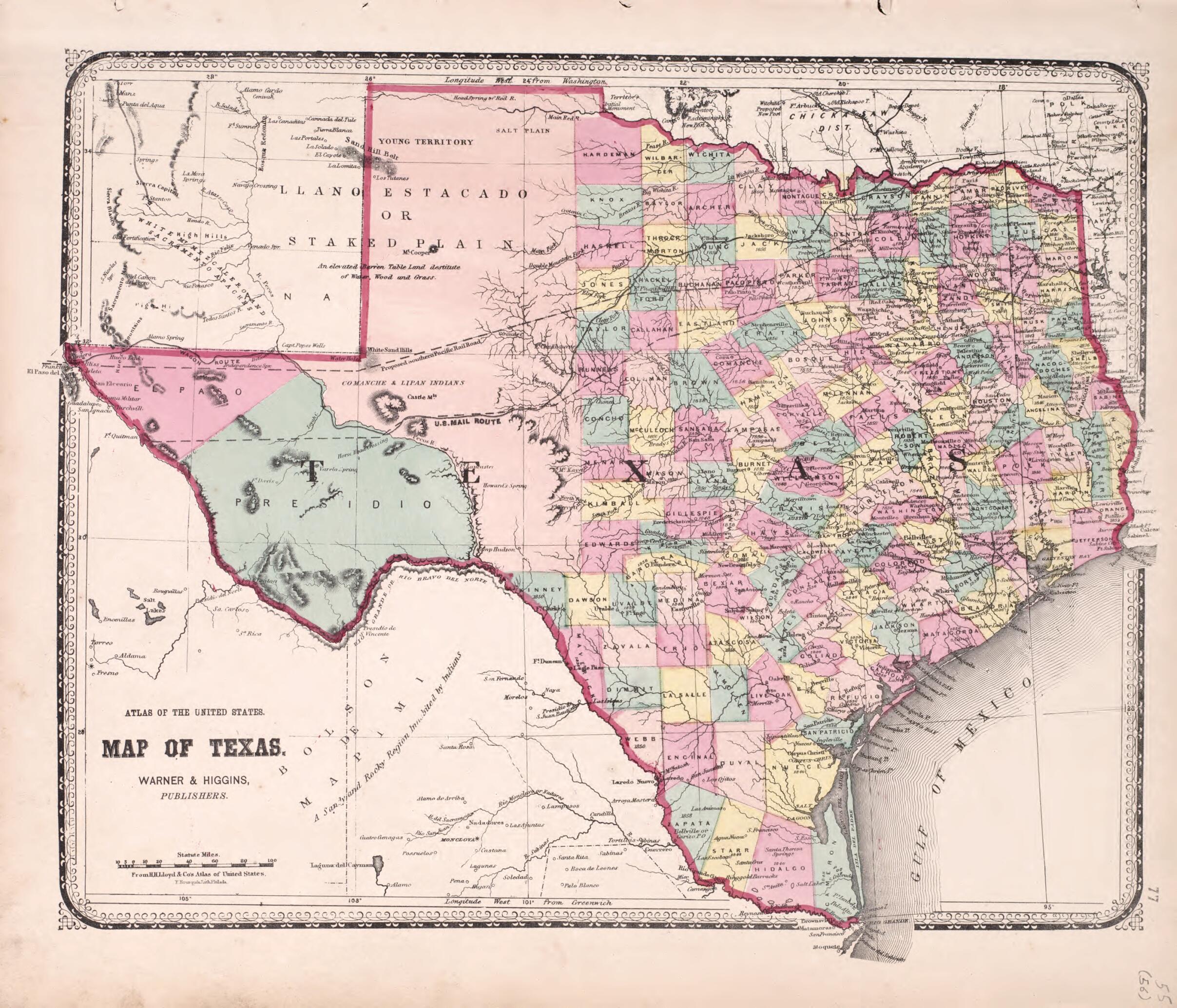 This old map of Texas from State of Illinois Combined Town, County, State, National and General Atlas from 1870 was created by Worley & Bracher in 1870