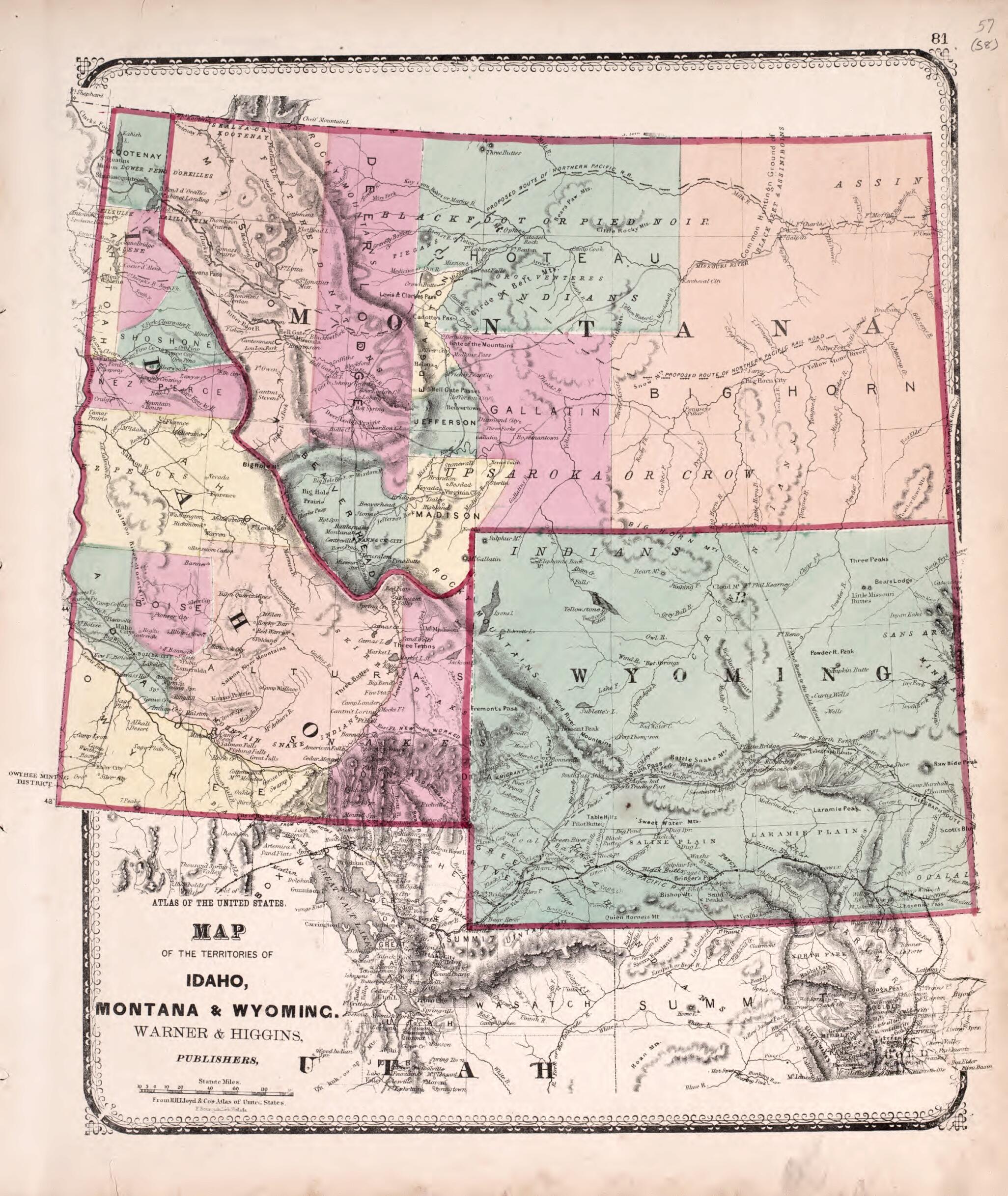 This old map of Idaho, Montana & Wyoming from State of Illinois Combined Town, County, State, National and General Atlas from 1870 was created by Worley & Bracher in 1870