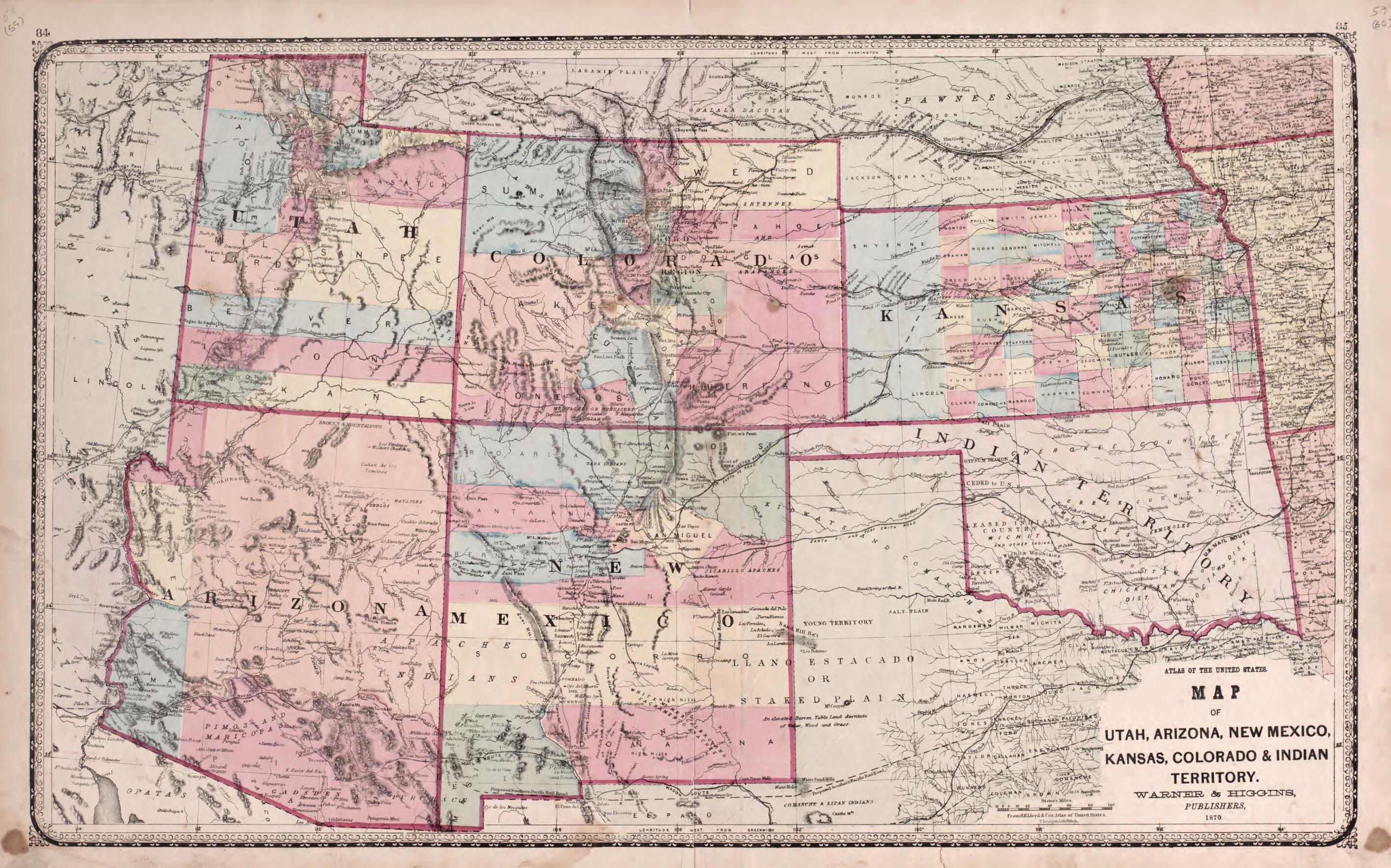 This old map of Utah, Arizona, New Mexico, Kansas, Colorado & Indian Territory from State of Illinois Combined Town, County, State, National and General Atlas from 1870 was created by Worley & Bracher in 1870