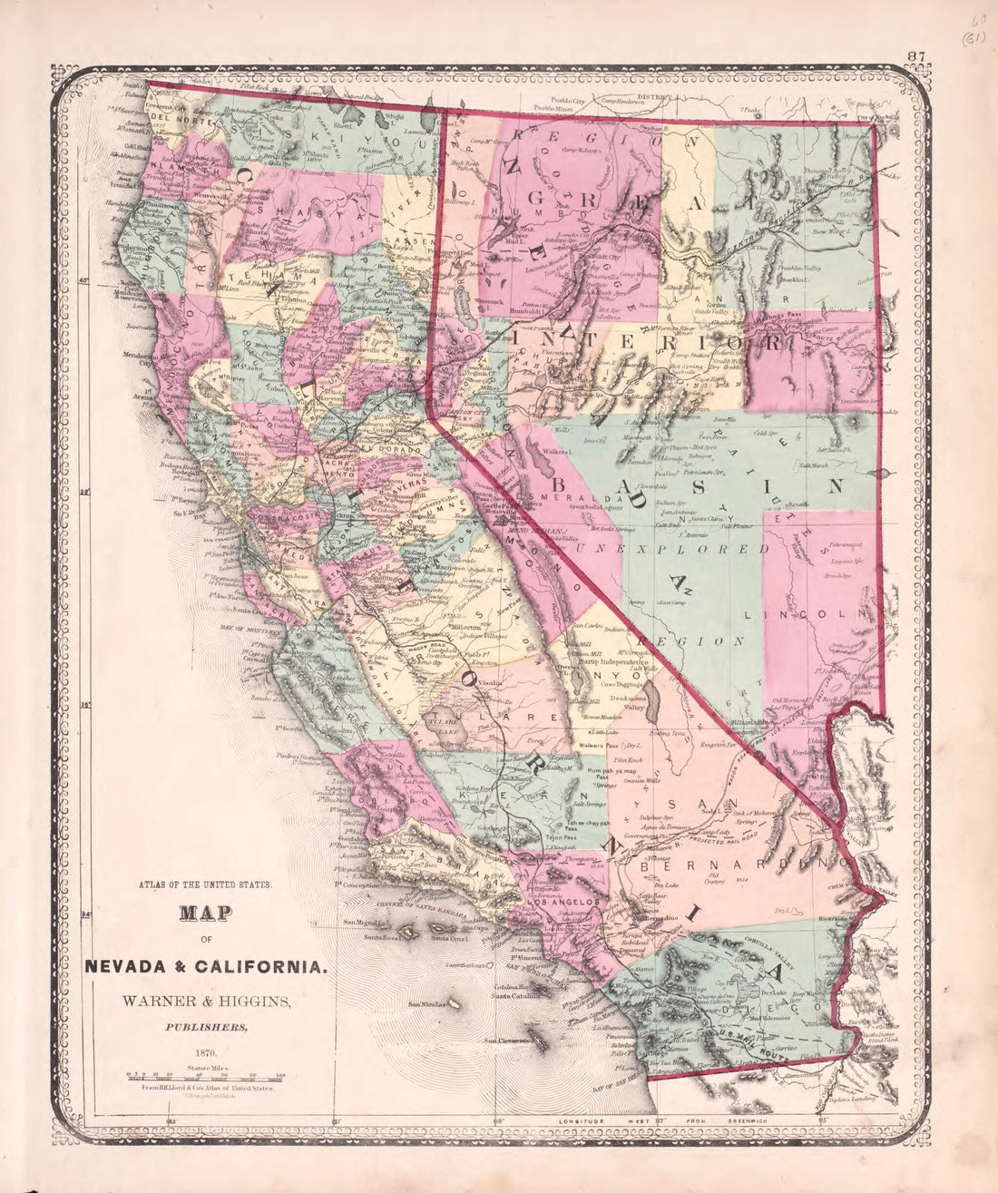 This old map of Nevada & California from State of Illinois Combined Town, County, State, National and General Atlas from 1870 was created by Worley & Bracher in 1870