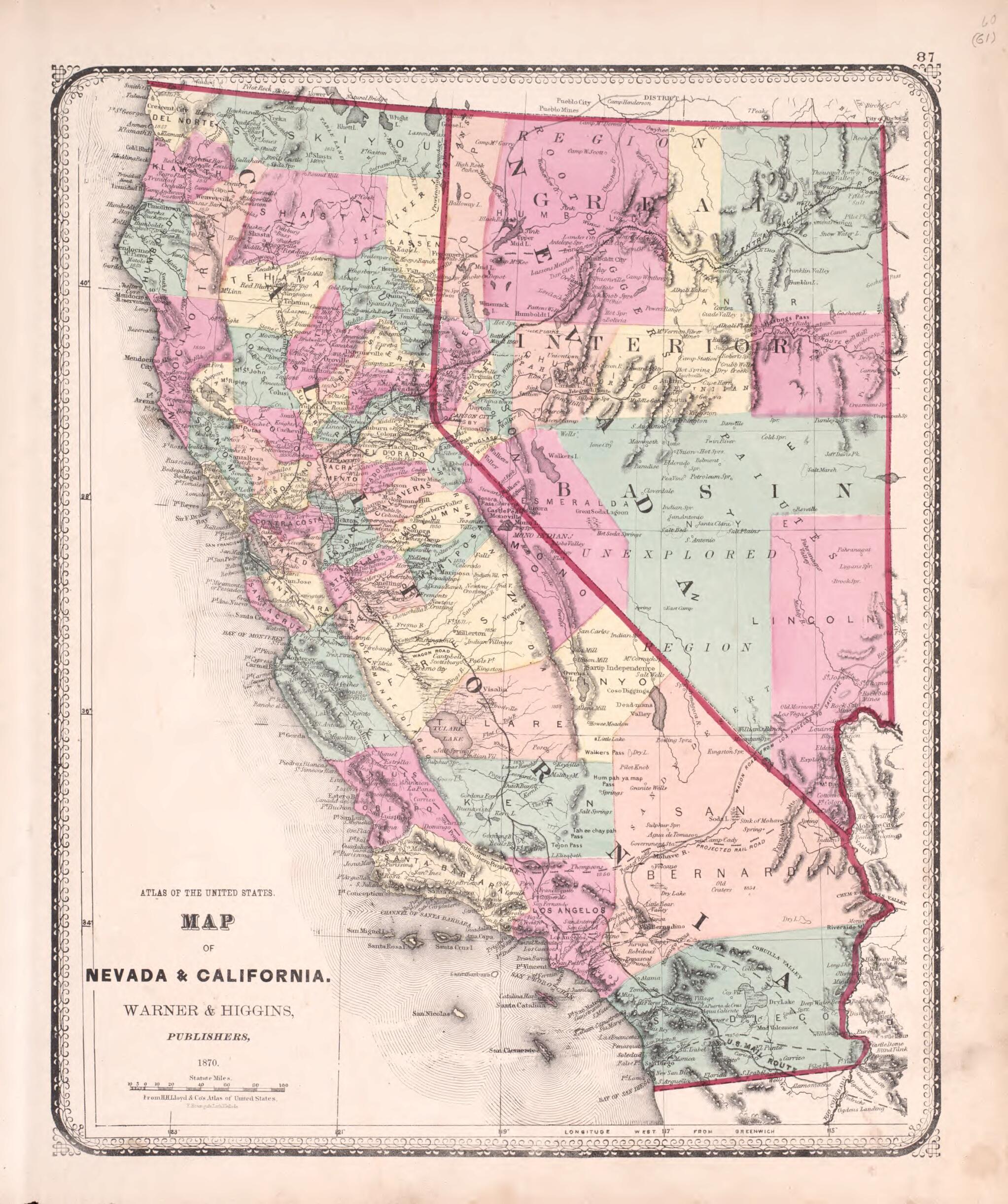 This old map of Nevada & California from State of Illinois Combined Town, County, State, National and General Atlas from 1870 was created by Worley & Bracher in 1870