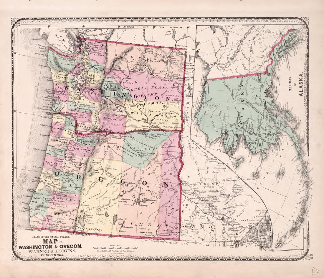 This old map of Washington & Oregon; Alaska from State of Illinois Combined Town, County, State, National and General Atlas from 1870 was created by Worley & Bracher in 1870